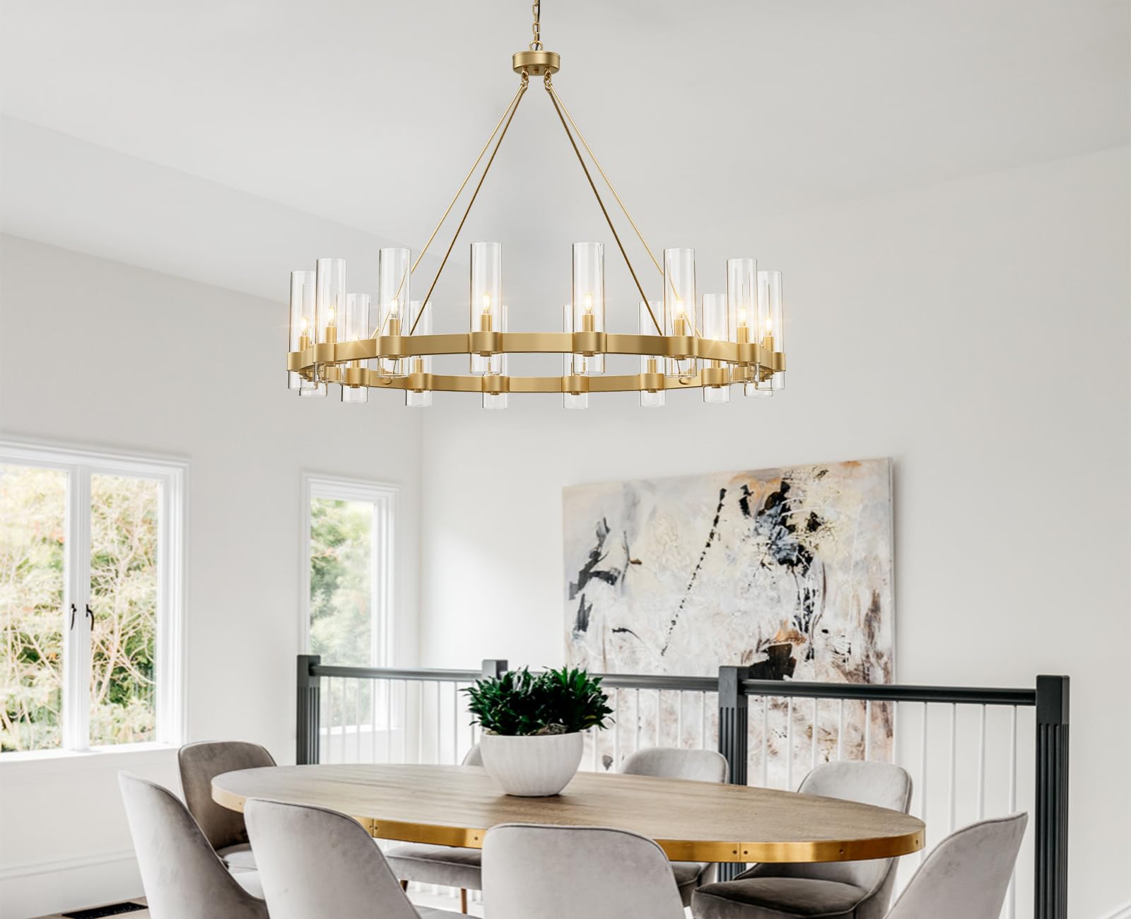 60 Inch Gold Chandelier, Wagon Wheel Chandelier with Glass Shade, 20 - Lights Large Round Modern Farmhouse High Ceiling Pendant Lighting Fixture for Dining Room, Living Room, Kitchen, Foyer - Camilalamps - B0CNRHR35D