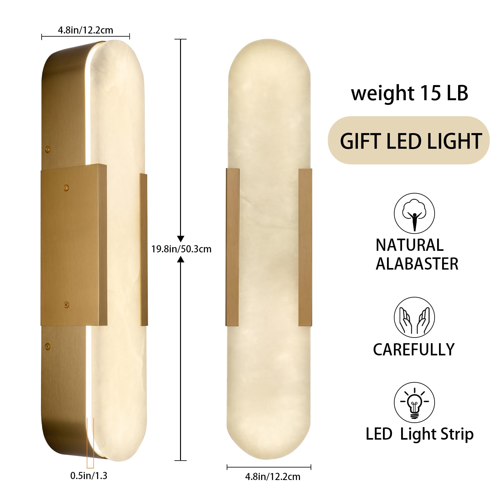 19.7'' Wall Sconces Set of 2, Natural Alabaster Wall Light, Indoor Vanity Light Fixtures for Bathroom,Black Bedside Wall Lamp Perfect for Hallway, Living Room,Bedroom,Stairs(Gift Bulb) - Camilalamps - B0CHYF9LZM