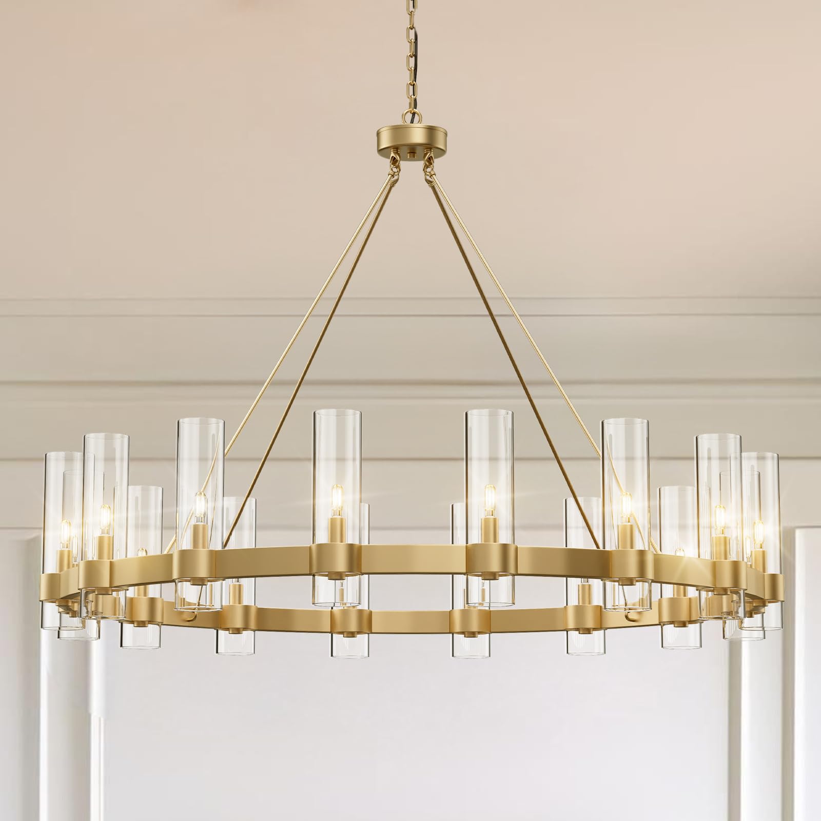 Black Chandelier, 24-Lights Wagon Wheel Chandelier with Glass Shade,48 Inch Large Round Industrial High Ceilings Pendant Lighting Fixture for Dining Living Room, Kitchen Island, Foyer