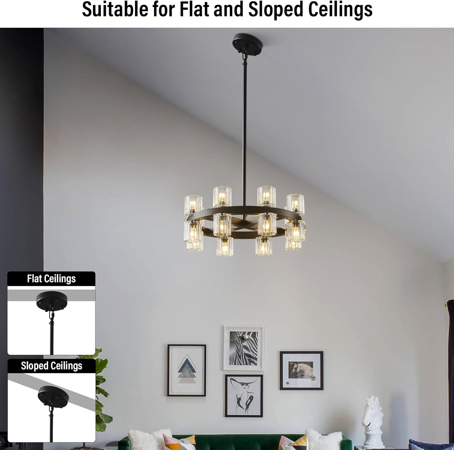Black Wagon Wheel Chandelier 18" Modern Farmhouse 16‑Light K9 Fixture - Camilalamps - CA-B0FCM5WX1G