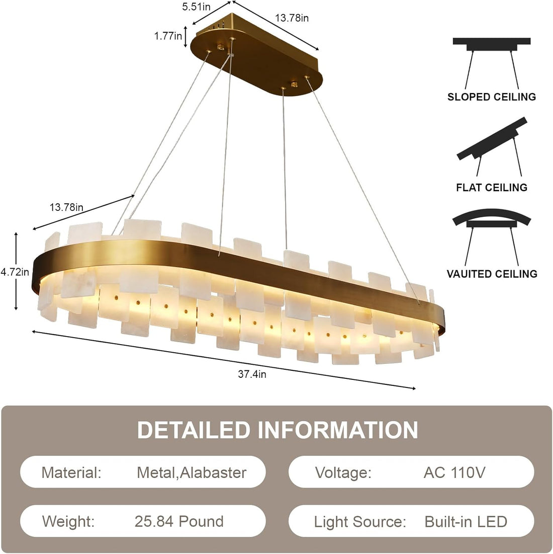 Luxury Adjustable Rectangle Alabaster Chandelier 37.4" Modern Ceiling Light - Camilalamps - CA-B0FNR1PXTZ