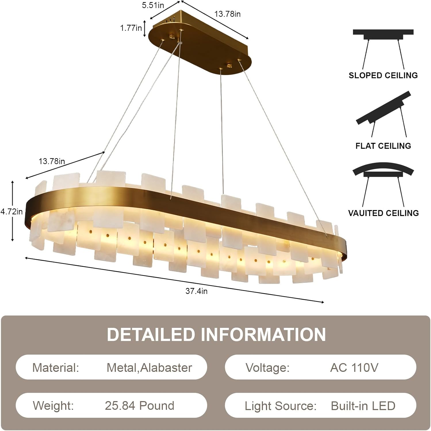 Luxury Adjustable Rectangle Alabaster Chandelier 37.4" Modern Ceiling Light - Camilalamps - CA-B0FNR1PXTZ