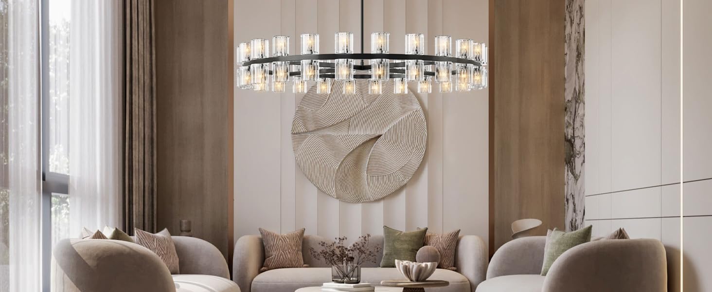 48 Inch Black Wagon Wheel Chandelier with Crystal Shade, 48 Lights, Modern Farmhouse Style, Ideal for Dining Room, Kitchen, Entryways - Camilalamps - B0DPJY8R54