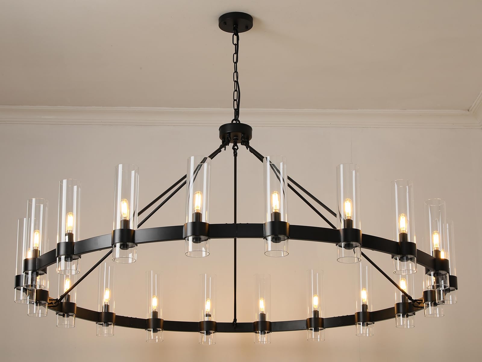 60 Inch Gold Chandelier, Wagon Wheel Chandelier with Glass Shade, 20 - Lights Large Round Modern Farmhouse High Ceiling Pendant Lighting Fixture for Dining Room, Living Room, Kitchen, Foyer - Camilalamps - B0CNRHR35D