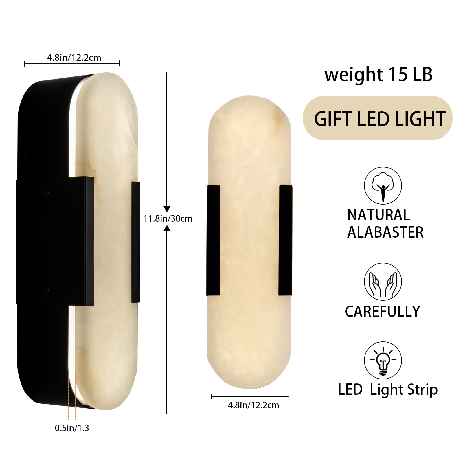19.7'' Wall Sconces Set of 2, Natural Alabaster Wall Light, Indoor Vanity Light Fixtures for Bathroom,Black Bedside Wall Lamp Perfect for Hallway, Living Room,Bedroom,Stairs(Gift Bulb) - Camilalamps - B0CHYF9LZM