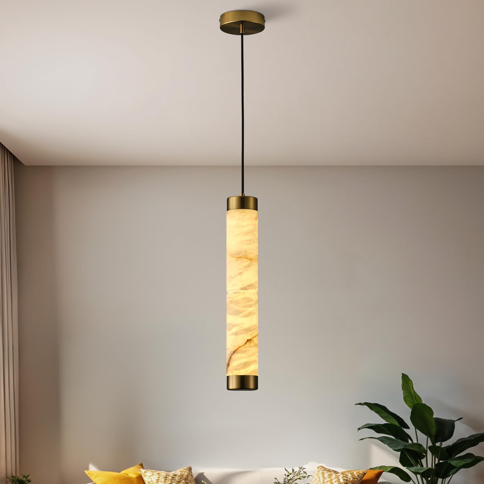 20" Alabaster Pendant Lights, Natural Marble Cylinder Brass Pendant Light, Adjustable Modern Ceiling Light Fixtures for Kitchen Island, Dining Room, Bedroom, Living Room, Bathroom