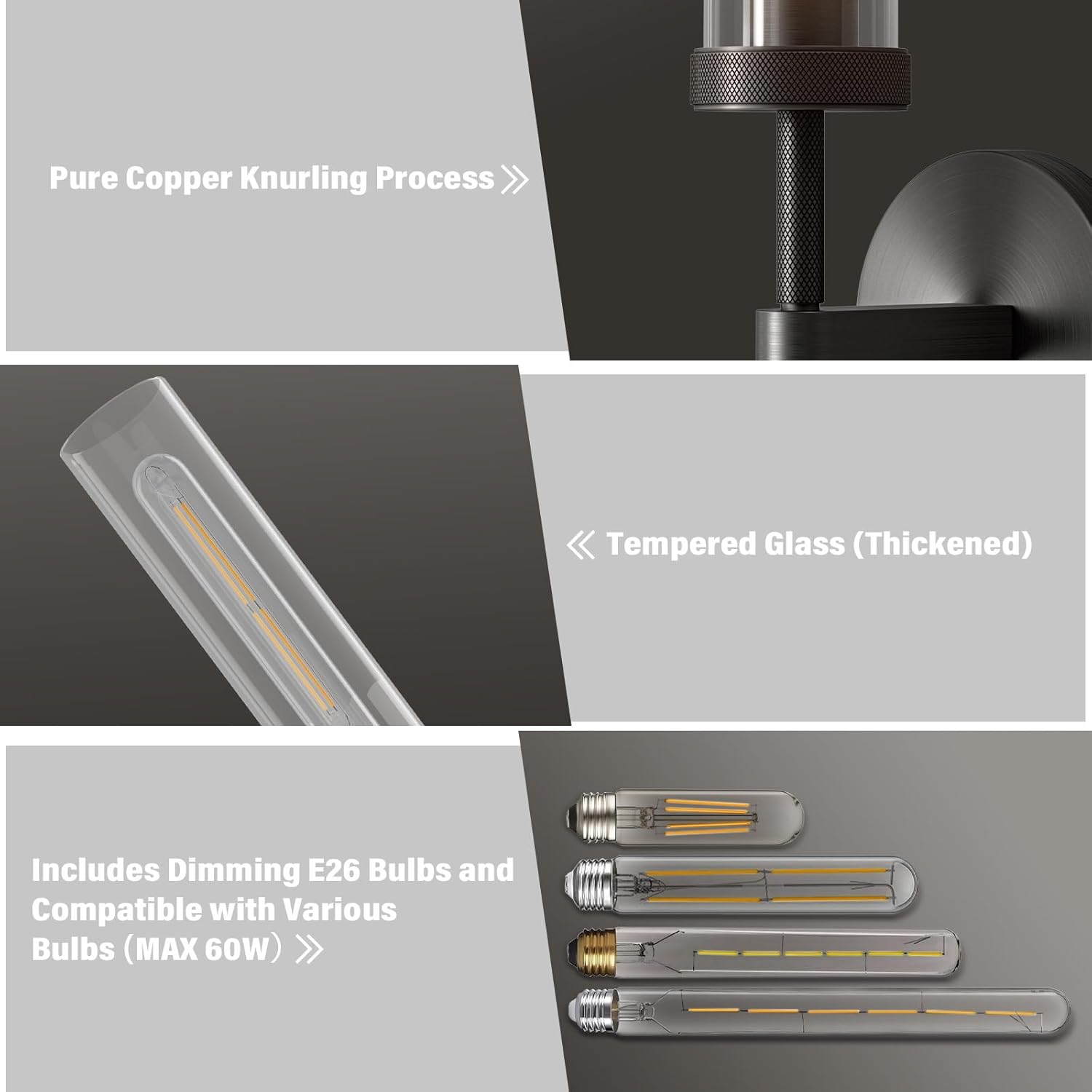 Black Brass Glass Double Wall Sconce Set 30" Knurled - Camilalamps - CA-B0CPP8C6ZD