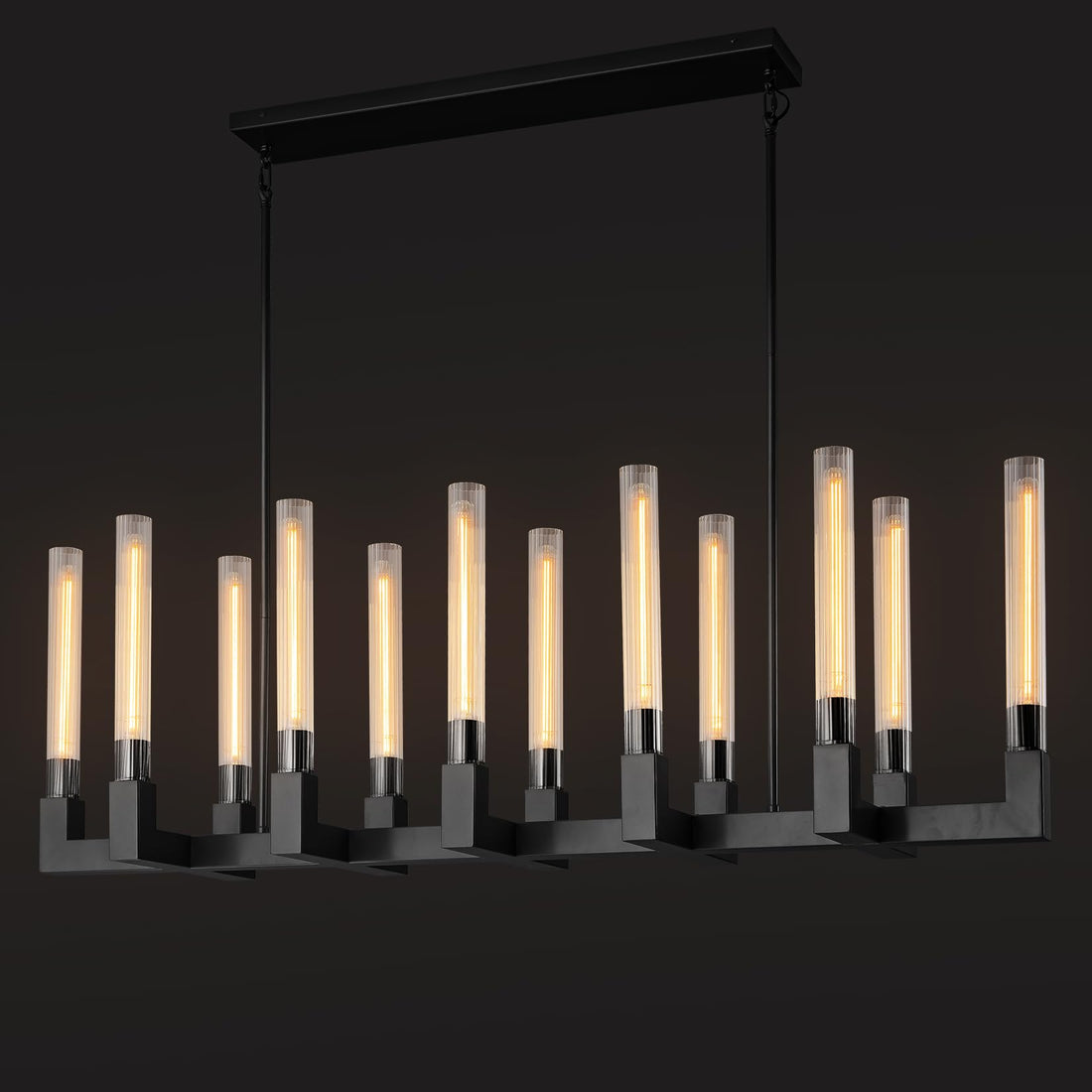 Black 12-Lights Modern Chandelier with Glass Tube, 54''Chandeliers Rectangular Luxurious Large Chandelier Fixture Ceiling Pendant Lighting for Dining Living Room, Foyer