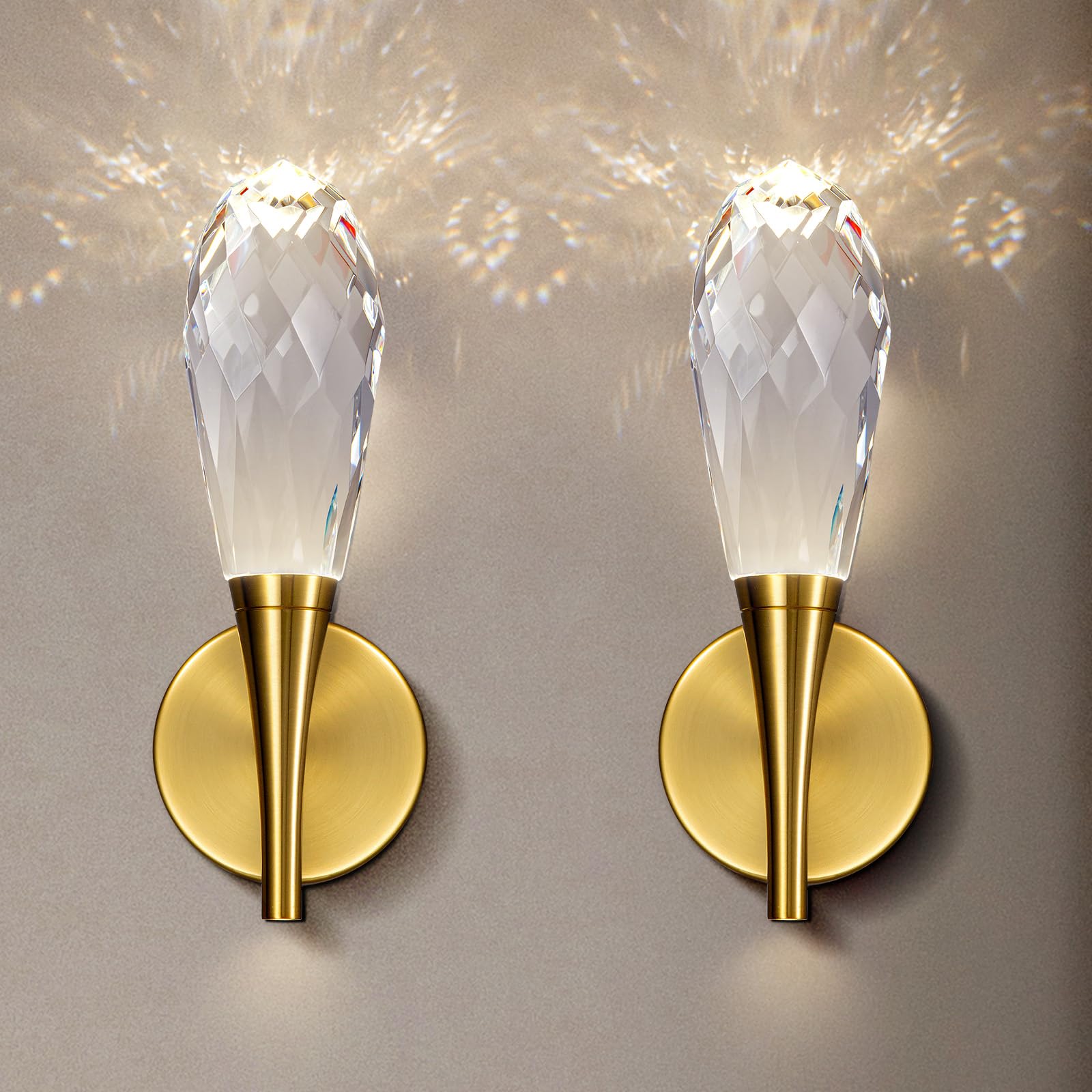 Gold Sconces Wall Lighting - Crystal Wall Sconces, Modern Bathroom Vanity Mirror Light, Dimmable LED Wall Sconce Light for Hallway, Living Room, Bedroom (Gold, 2PC)