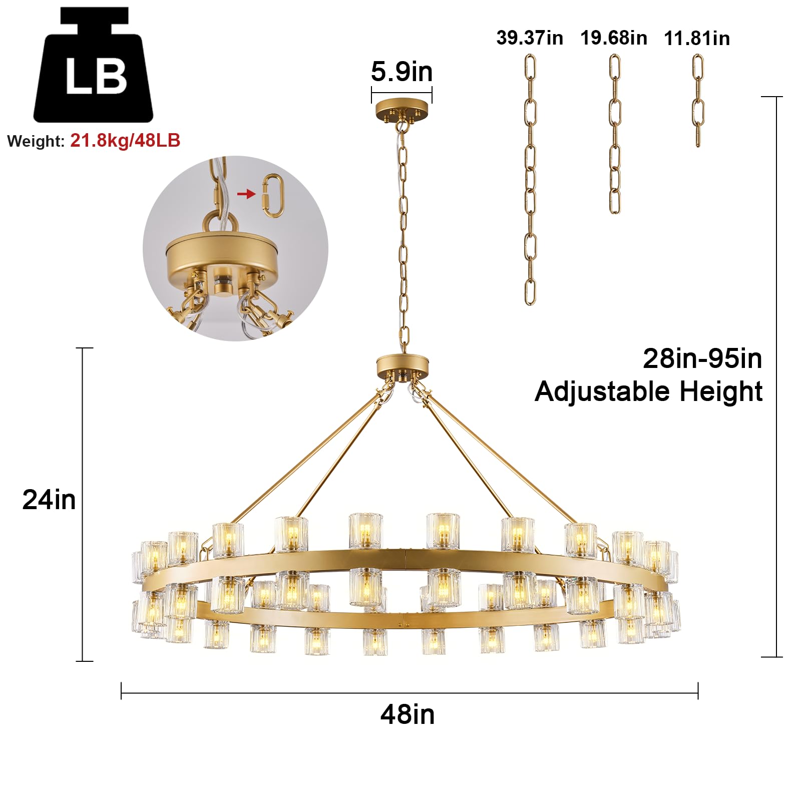 48 Inch Black Wagon Wheel Chandelier with Crystal Shade, 48 Lights, Modern Farmhouse Style, Ideal for Dining Room, Kitchen, Entryways - Camilalamps - B0DPJY8R54