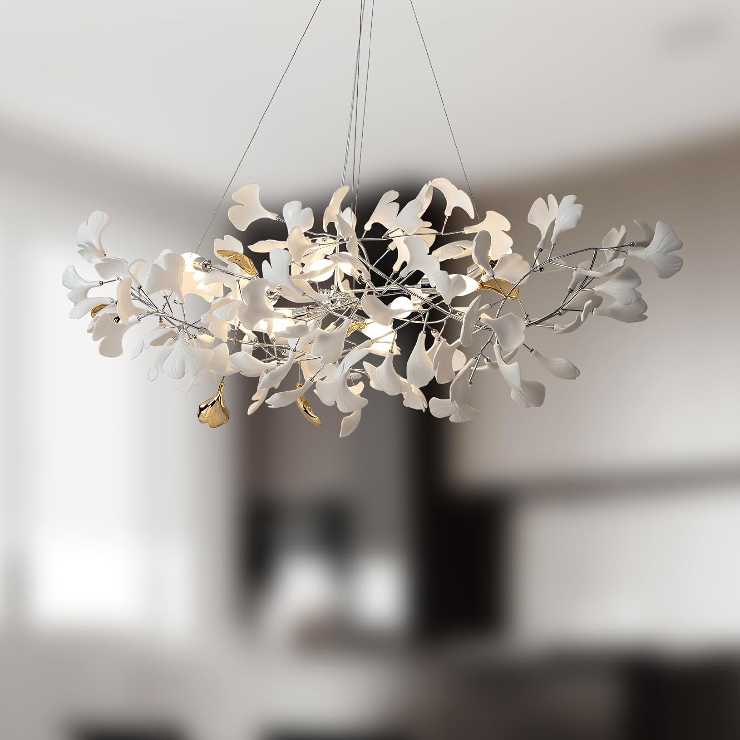 Silver Ginkgo Leaf Branch Chandelier – 59" Modern Brass Light - Camilalamps - CA-B0DLB3MJ51