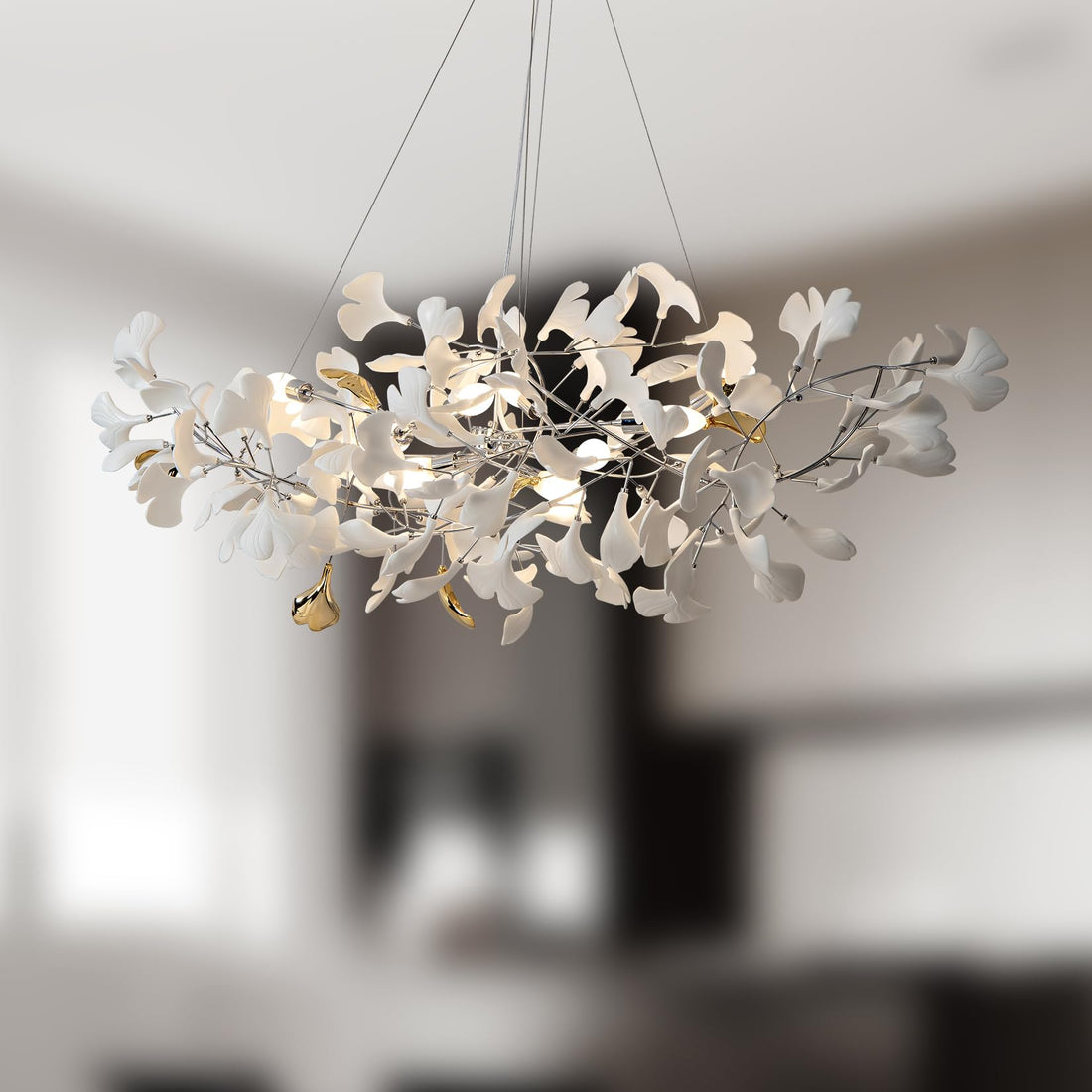 Tree Branch Chandelier Silver Ceramic Ginkgo Leaf Chandeliers 31.5 Inch Brass Chandelier Large Luxury Hanging Lights Fixture for Living Room Dining Room Kitchen Island, 6-Light