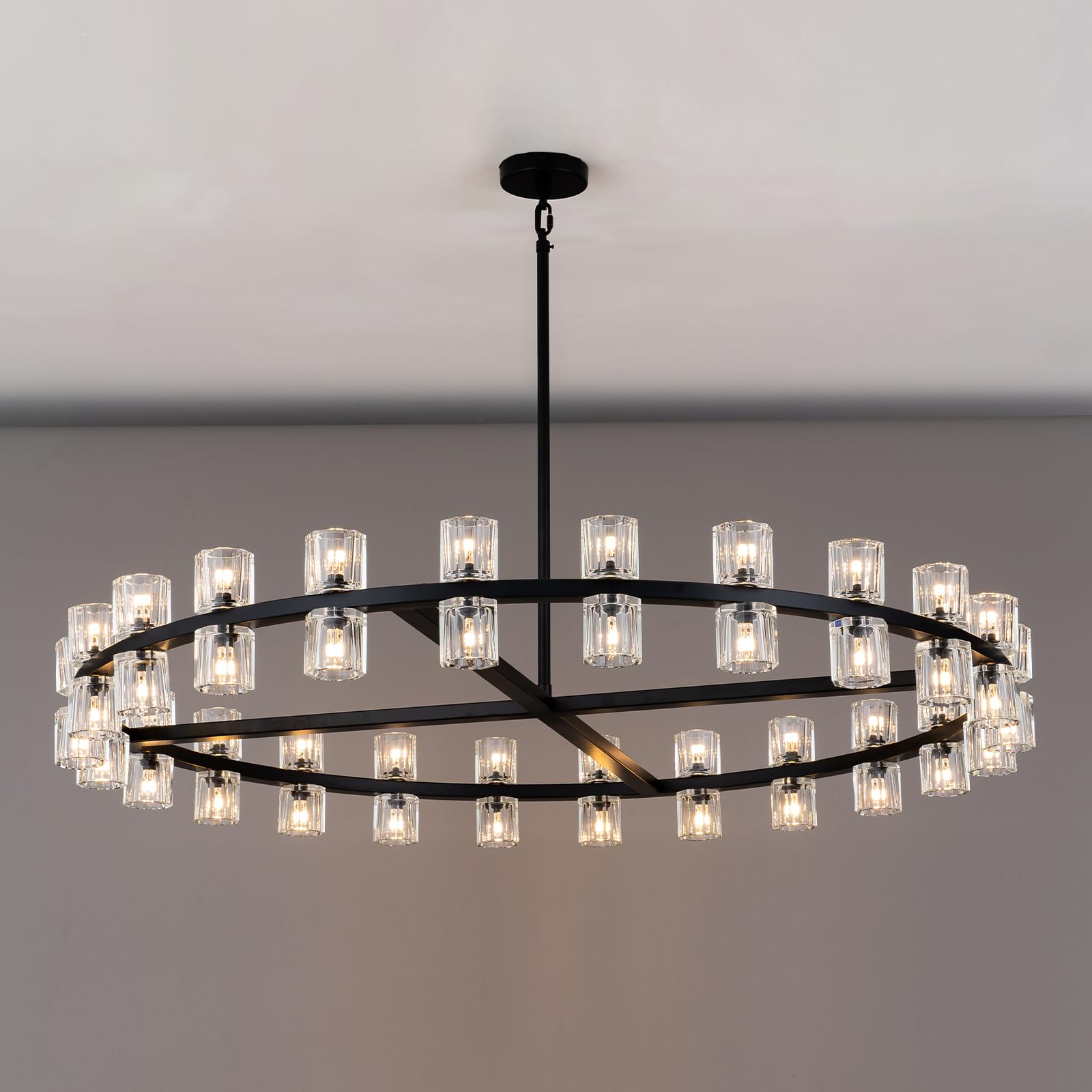 48 Inch Black Wagon Wheel Chandelier with Crystal Shade, 48 Lights, Modern Farmhouse Style, Ideal for Dining Room, Kitchen, Entryways - Camilalamps - B0DQ47G4GK