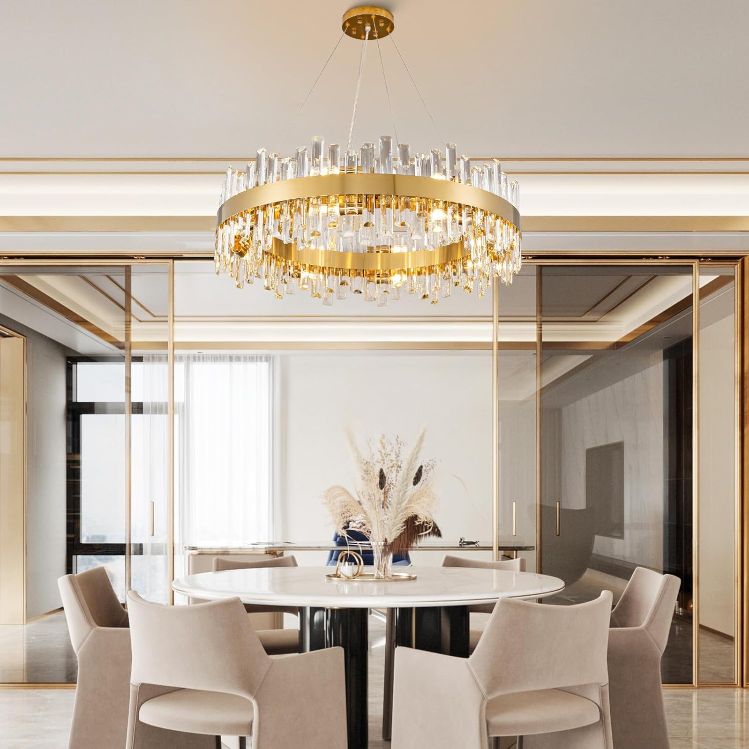 Luxurious 16 - Light Brass Gold Crystal Chandelier – Modern Round 2‑Tier Design - Camilalamps - CA-B0CT8PPWB7