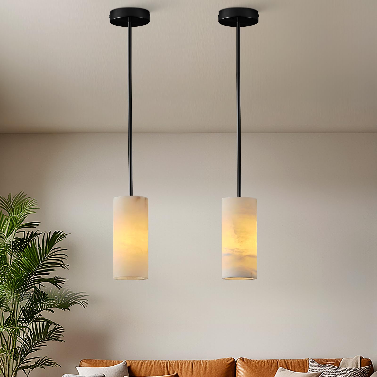 Alabaster Pendant Lights Kitchen Island, Black Hand Carved Alabaster Cylinder Pendent, Spanish Natural Marble Light Pendant for Bedroom Bathroom Dining Room Living Room (2 Pack)