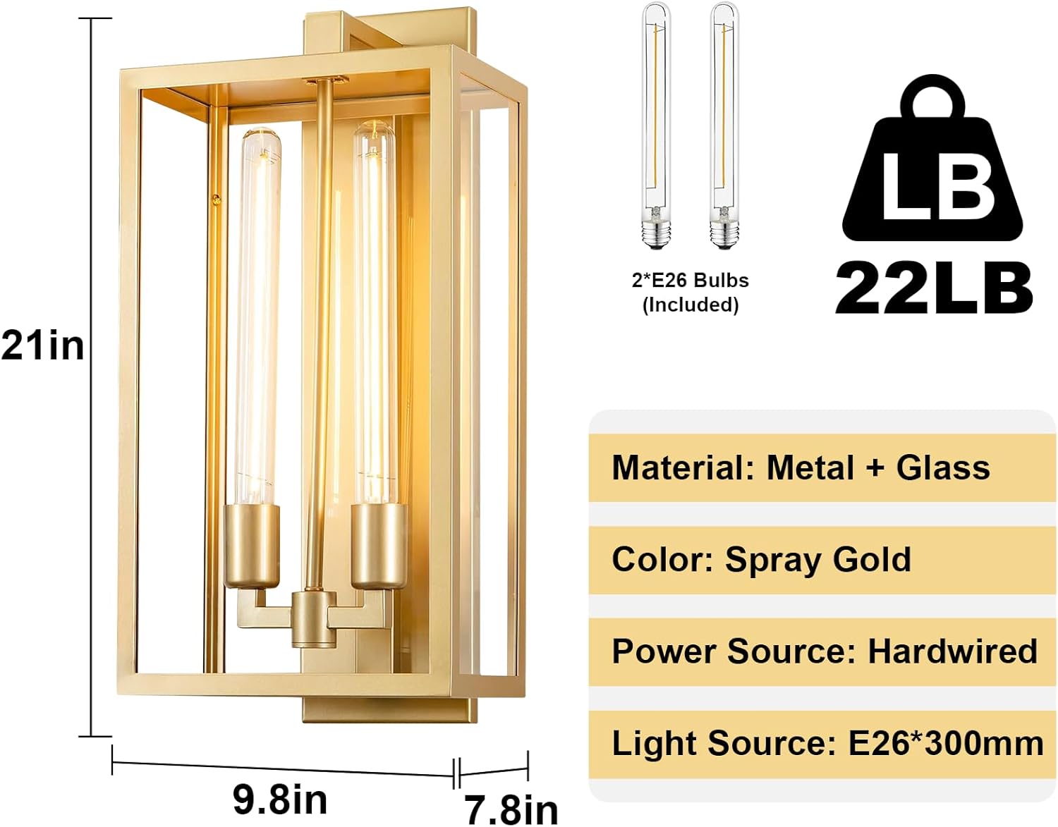 21" Gold Outdoor Wall Sconce with Glass Shade, Waterproof - Camilalamps - CA-B0CPHSDH6H