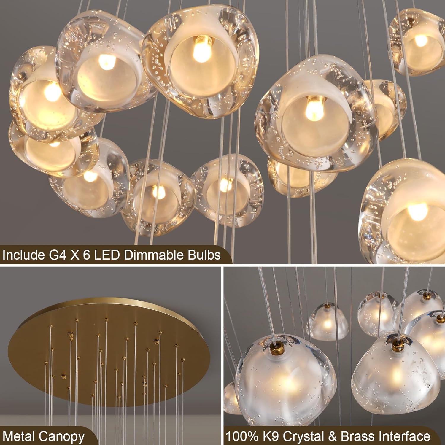 30 - Light Gold Crystal Staircase Chandelier with Adjustable Bubble Shades - Camilalamps - CA-B0FMNYC1ZL