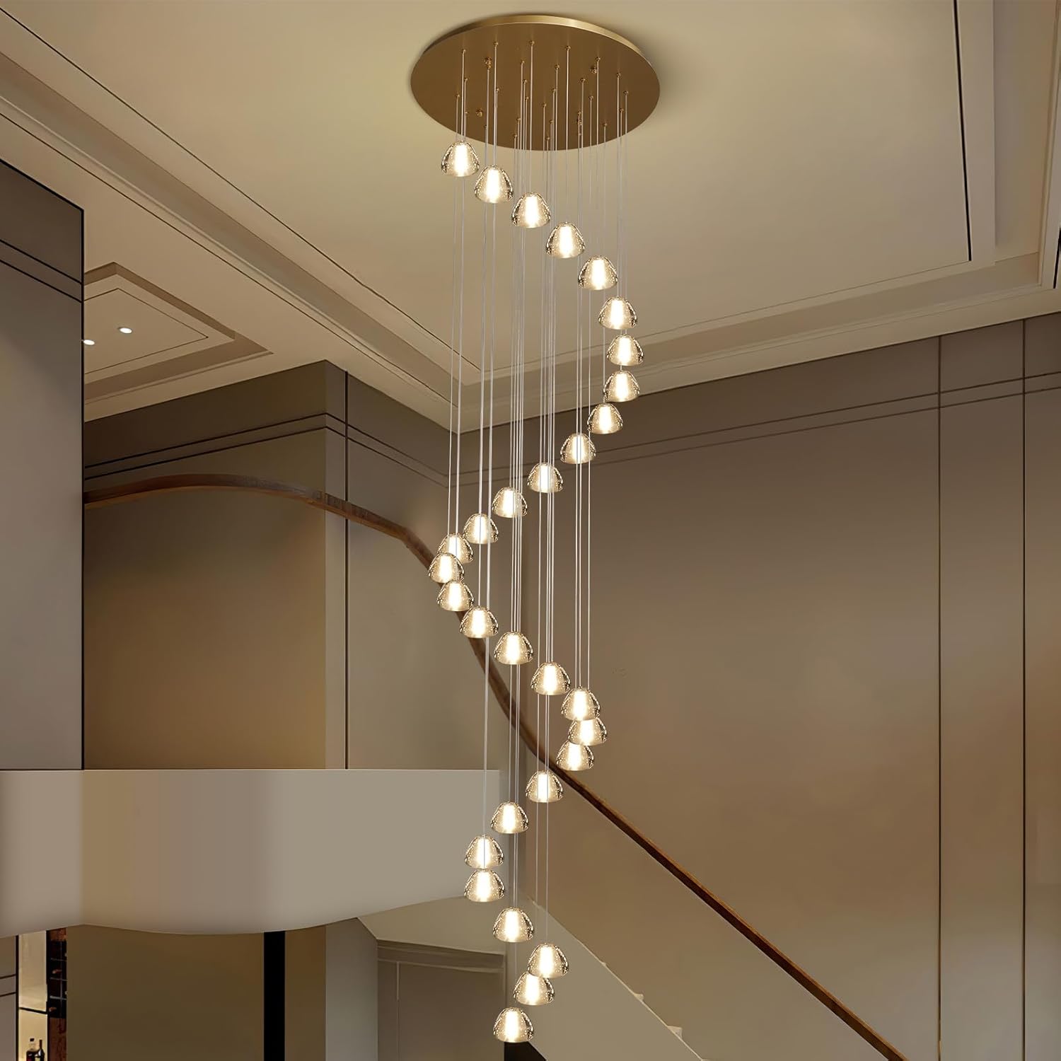 30 - Light Gold Crystal Staircase Chandelier with Adjustable Bubble Shades - Camilalamps - CA-B0FMNYC1ZL