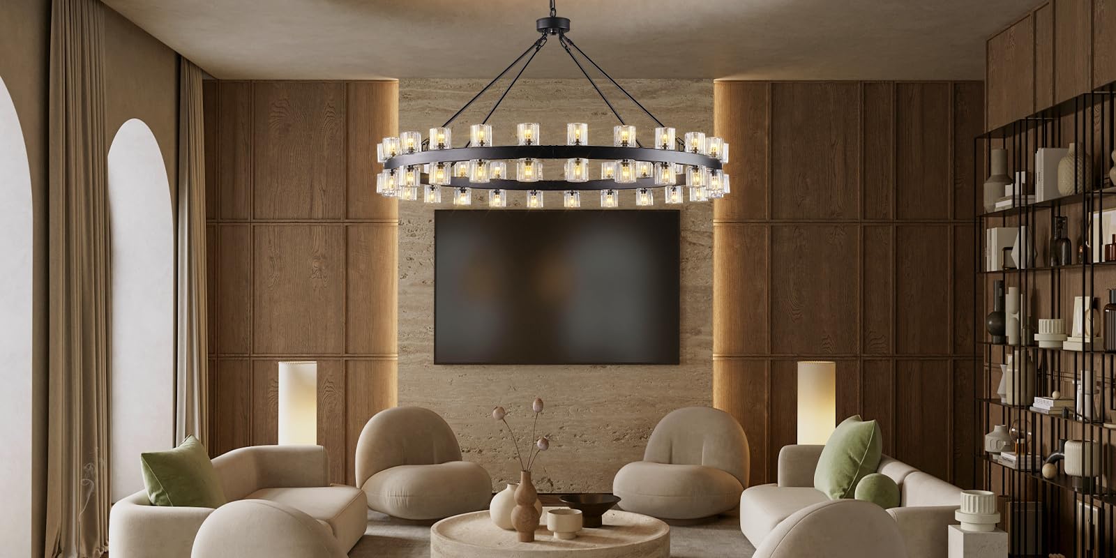 48 Inch Black Wagon Wheel Chandelier with Crystal Shade, 48 Lights, Modern Farmhouse Style, Ideal for Dining Room, Kitchen, Entryways - Camilalamps - B0DPJY8R54