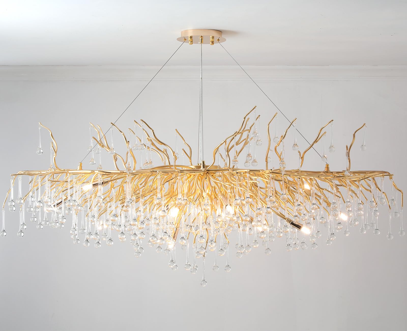 Crystal Chandeliers for Dining Room, 63" Modern Gold Tree Branch Chandelier, 15-Lights Luxury Rectangular Raindrop Chandelier Light Fixture for Kitchen Island, Living Room, Foyer, High Ceiling