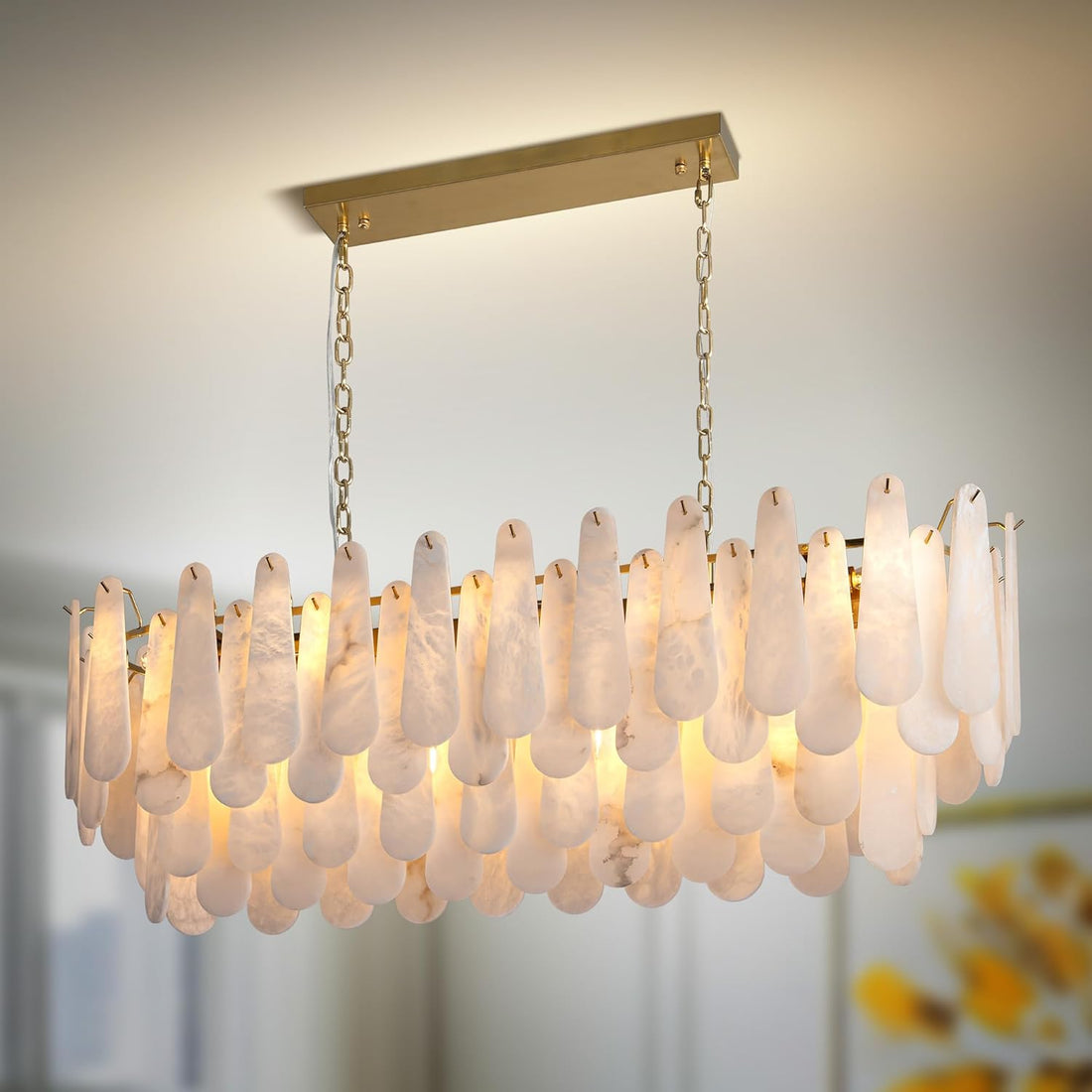 Luxury Modern Alabaster Brass Rectangle Chandelier with Adjustable Height - Camilalamps - CA-B0FHQDKLKH