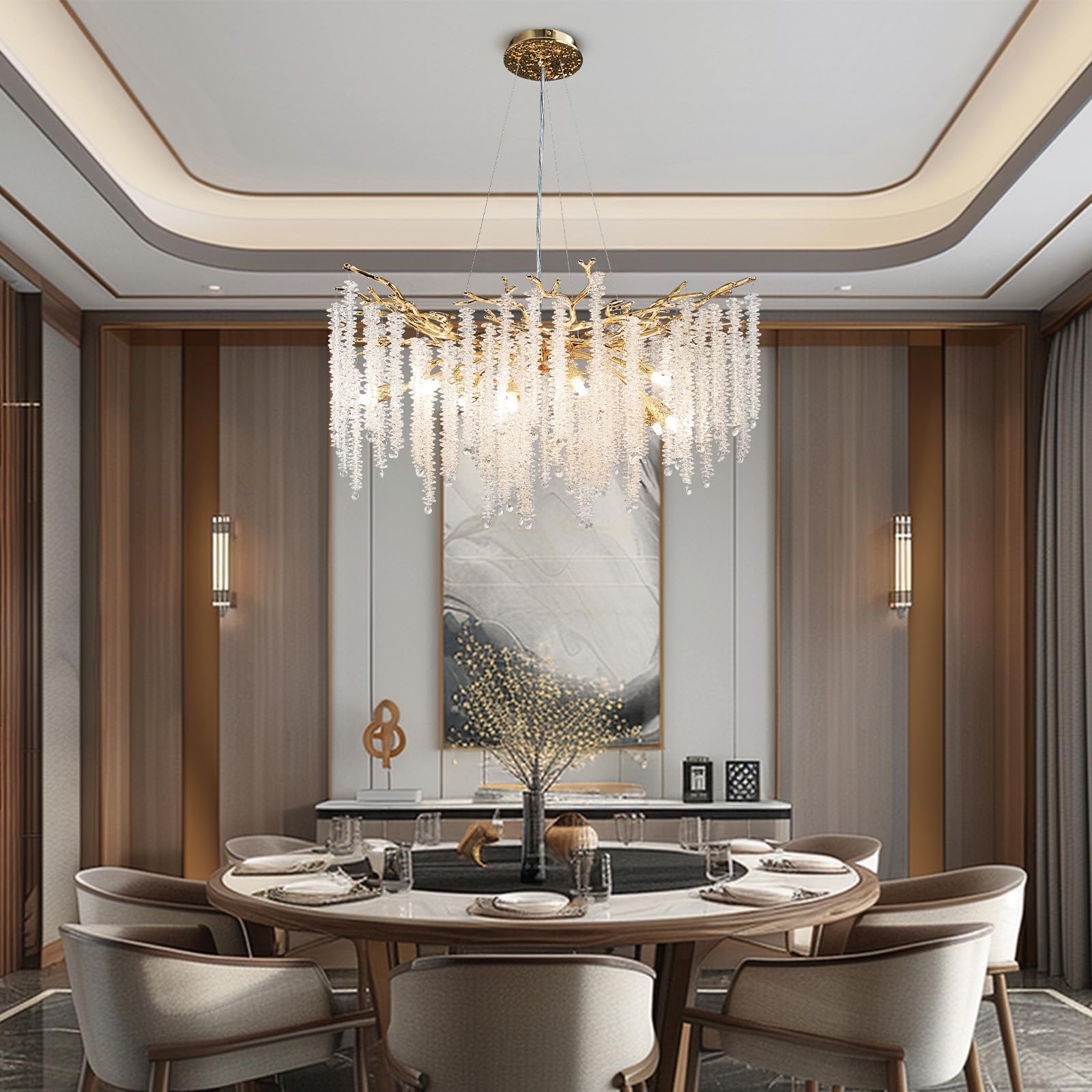 Modern Crystal Chandelier, 47.2" Gold Tree Branch Chandelier for Dining Room, Round Luxury High Ceiling Chandeliers Pendant Light Over Table, Hanging Fixture for Bedroom, Living Room, Kitchen
