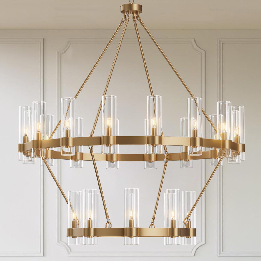 Black Chandelier, 30 Light Wagon Wheel Chandelier with Glass Shade,60 Inch Large Round Industrial High Ceilings Pendant Lighting Fixture for Dining Living Room, Kitchen Island, Foyer