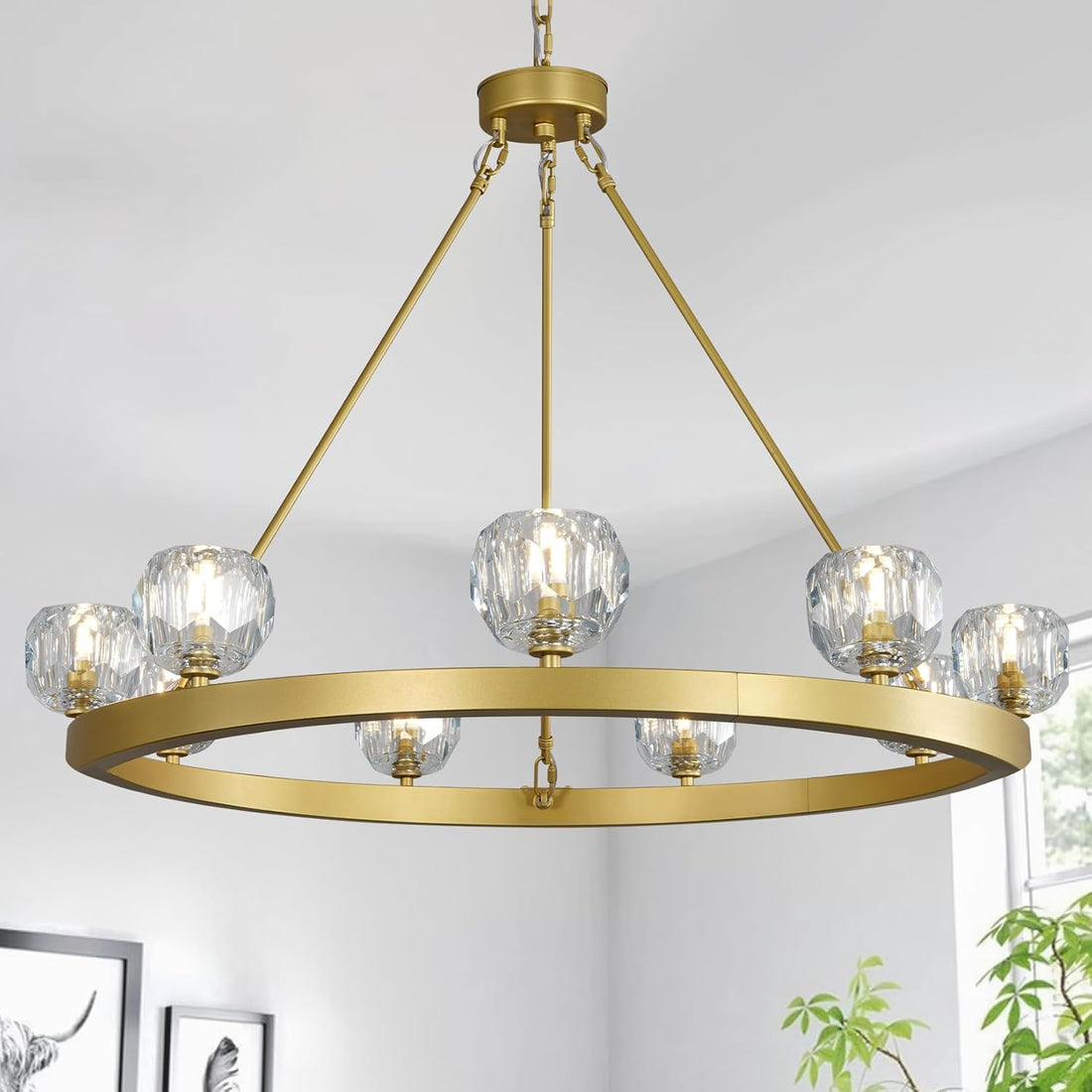 Gold Wagon Wheel Chandelier – 36" 9 - Light Crystal Fixture for Modern Homes - Camilalamps - CA-B0FDVZ41NC