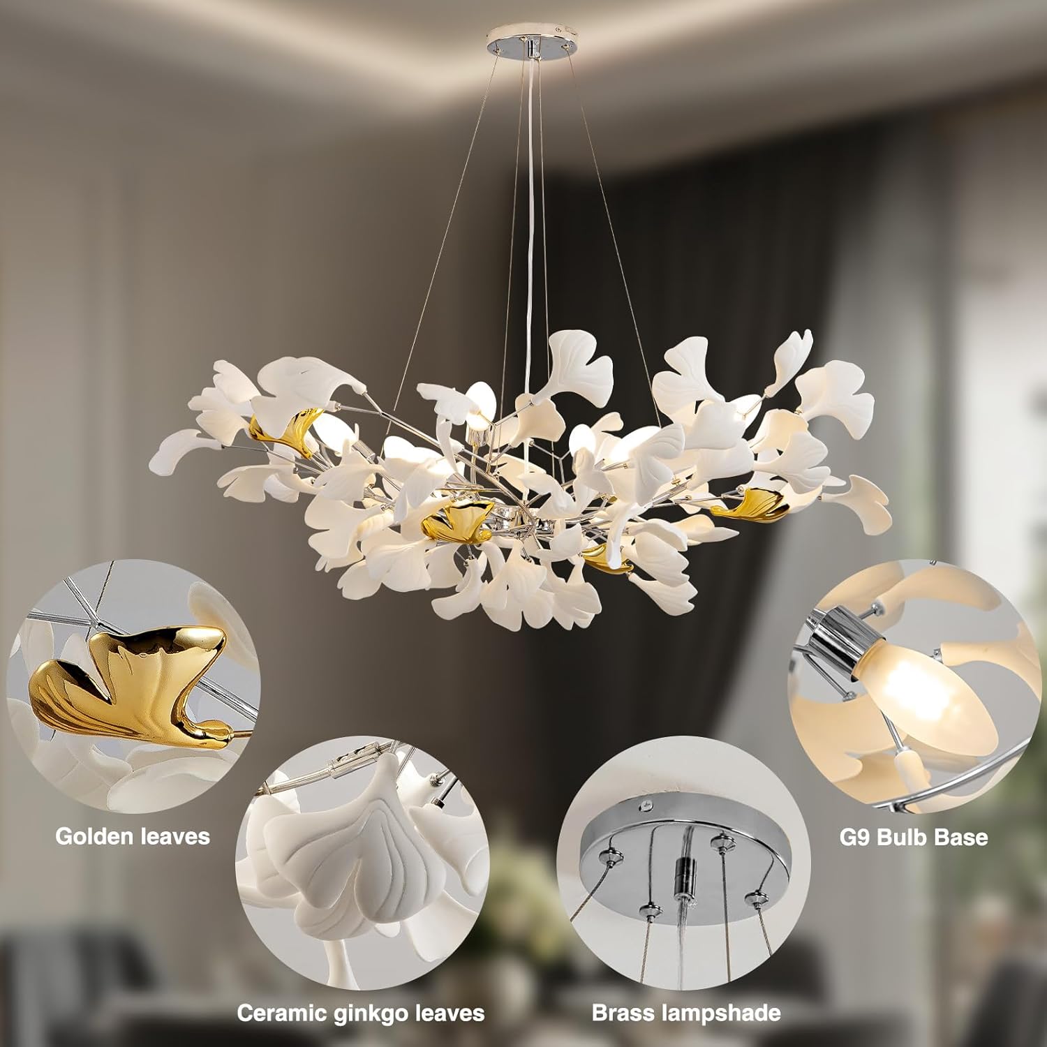 Silver Ceramic Ginkgo Leaf Tree Branch Chandelier – 40" Round Luxury Fixture - Camilalamps - CA-B0DKTGPPS1