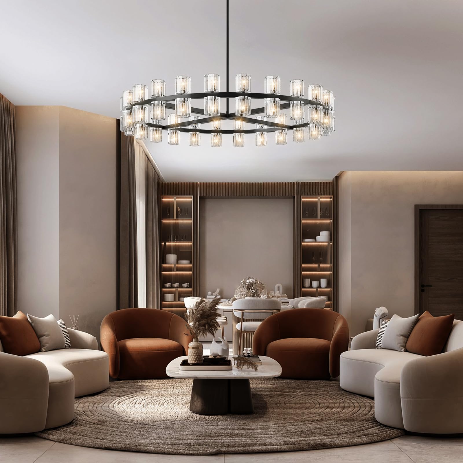 48 Inch Black Wagon Wheel Chandelier with Crystal Shade, 48 Lights, Modern Farmhouse Style, Ideal for Dining Room, Kitchen, Entryways - Camilalamps - B0DPJY8R54