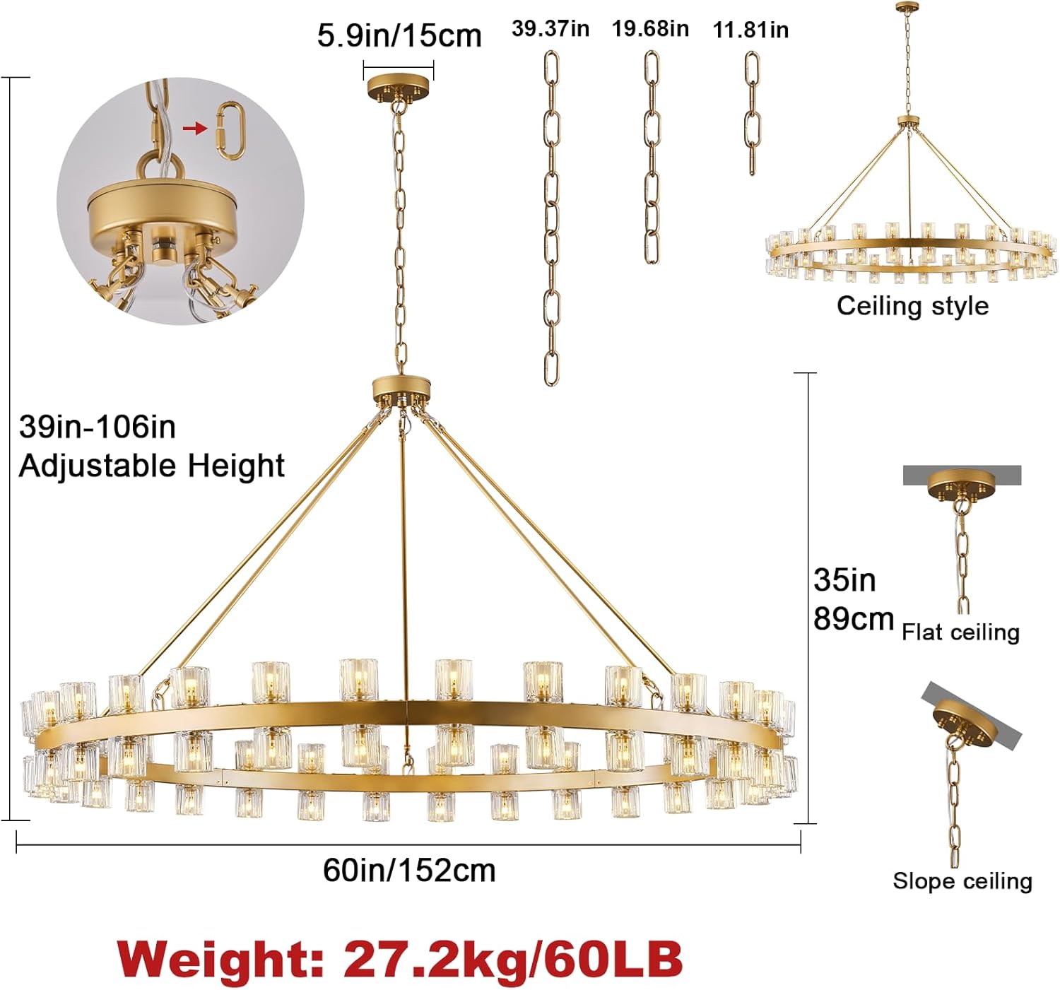 Gold Wagon Wheel Chandelier 60" Crystal Shade, 60 Lights, Farmhouse - Camilalamps - CA-B0DN92Y9L8