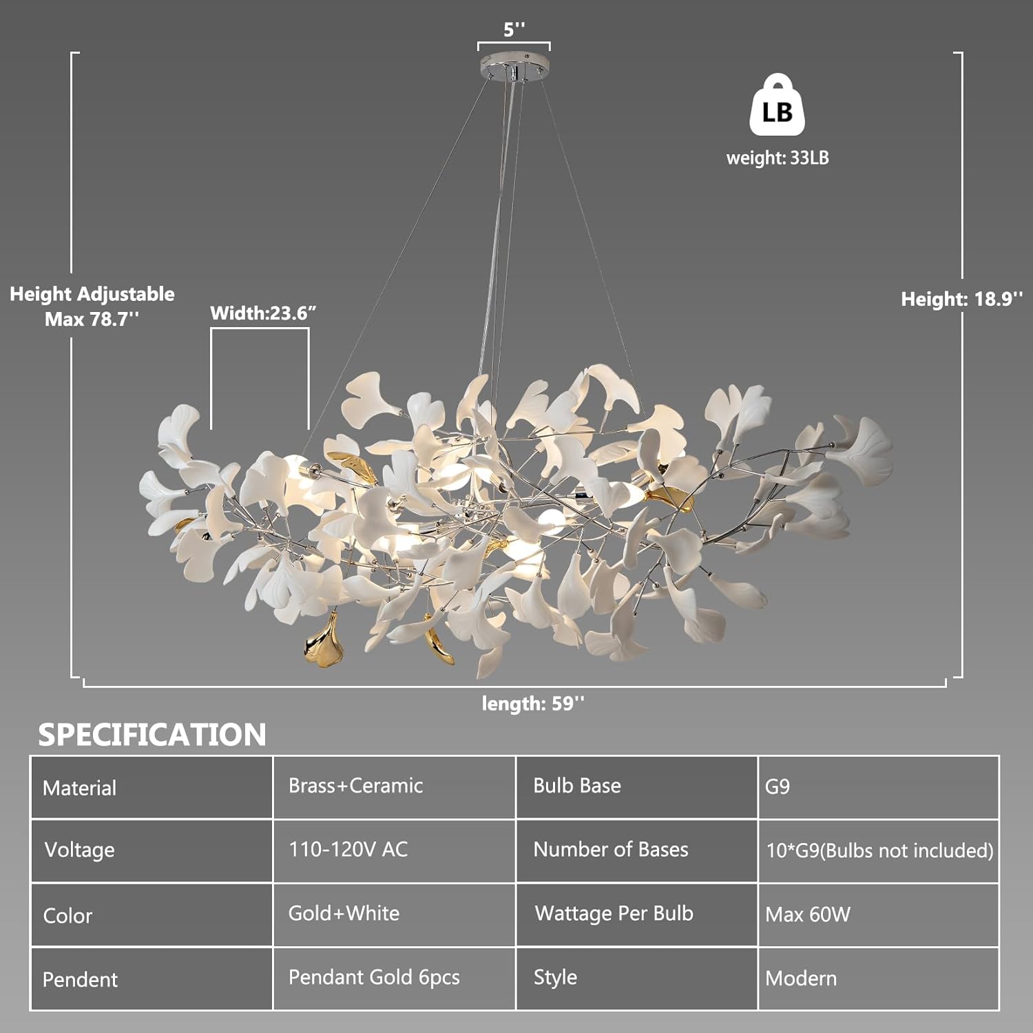 Silver Ginkgo Leaf Branch Chandelier – 59" Modern Brass Light - Camilalamps - CA-B0DLB3MJ51