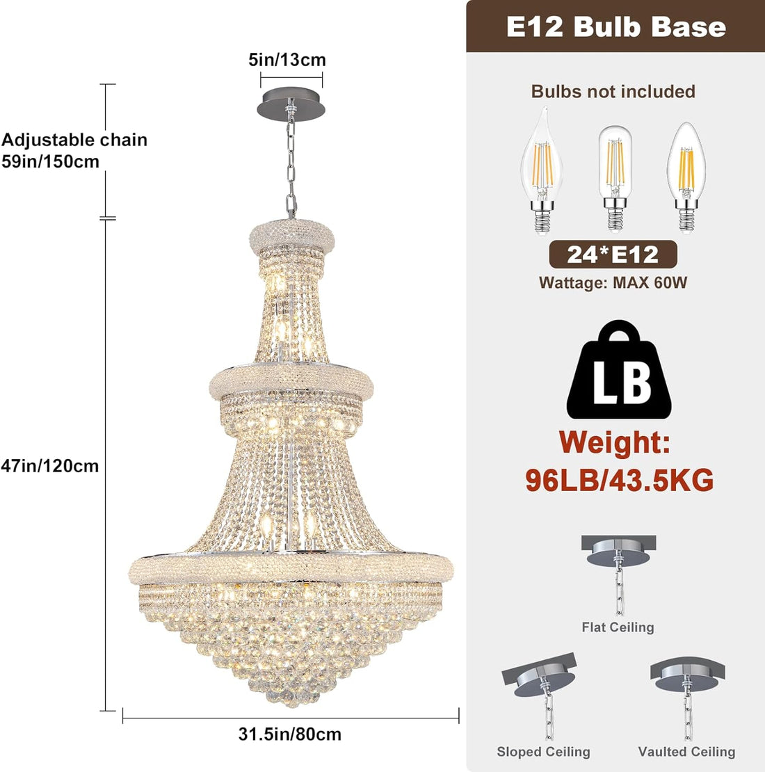 Chrome 24 - Light Crystal Chandelier for High Ceilings - Camilalamps - CA-B0FPX75D2H