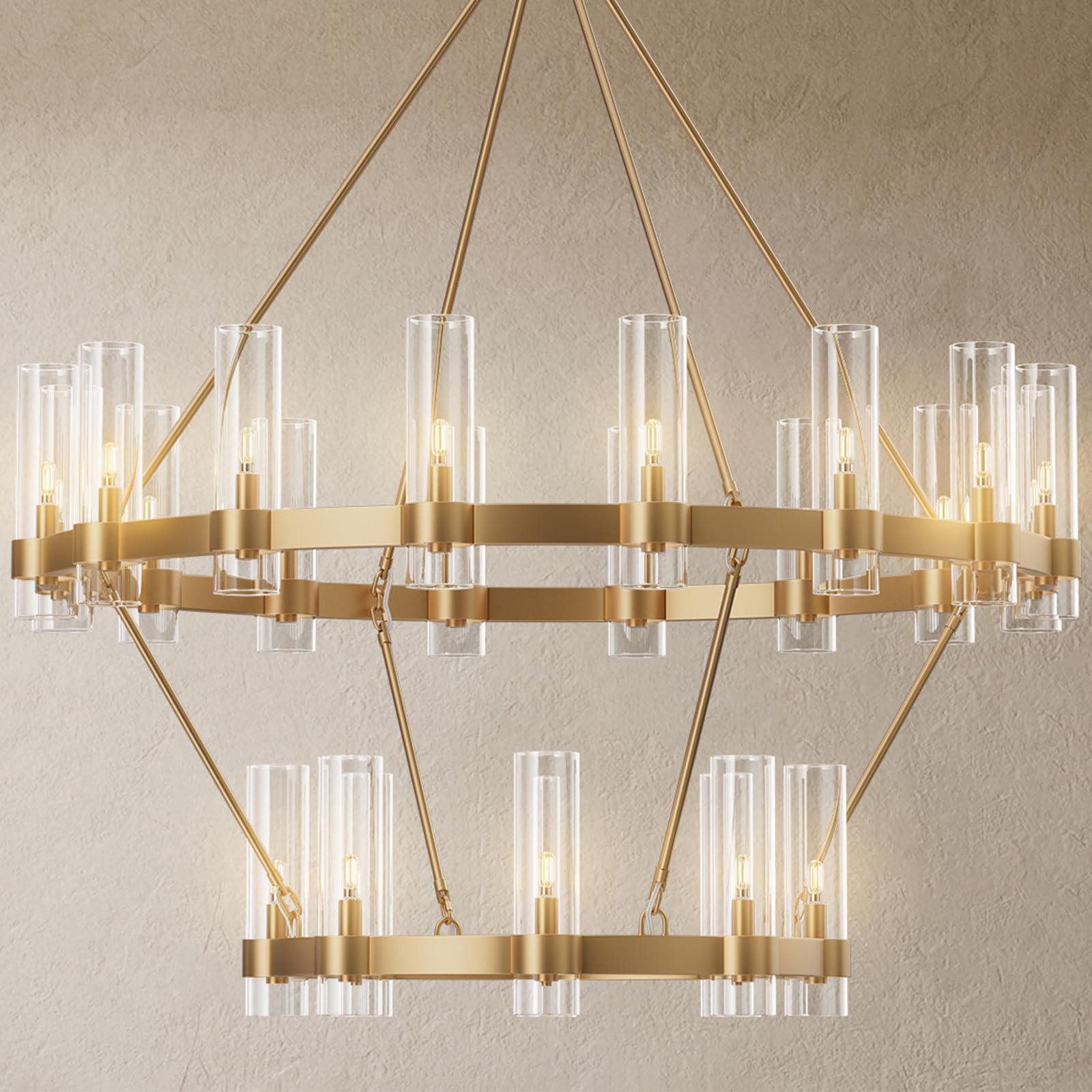 60 Inch Gold Chandelier, Wagon Wheel Chandelier with Glass Shade, 20 - Lights Large Round Modern Farmhouse High Ceiling Pendant Lighting Fixture for Dining Room, Living Room, Kitchen, Foyer - Camilalamps - B0D3C7GMVK