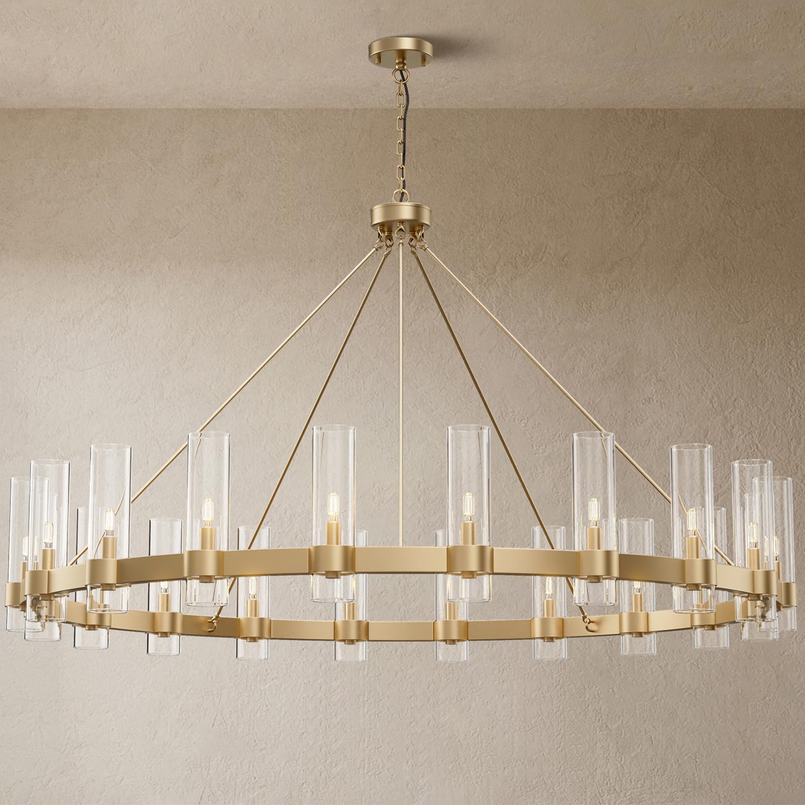 60 Inch Gold Chandelier, Wagon Wheel Chandelier with Glass Shade, 20 - Lights Large Round Modern Farmhouse High Ceiling Pendant Lighting Fixture for Dining Room, Living Room, Kitchen, Foyer - Camilalamps - B0CNRHR35D