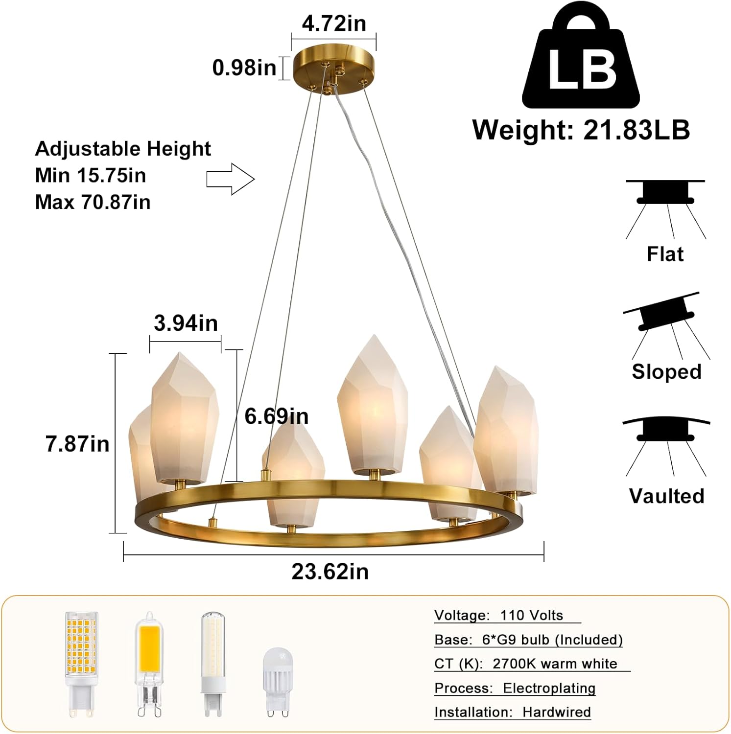 Alabaster 23" 6 - Light Modern Gold Chandelier with Adjustable Height - Camilalamps - CA-B0FPM4L65N