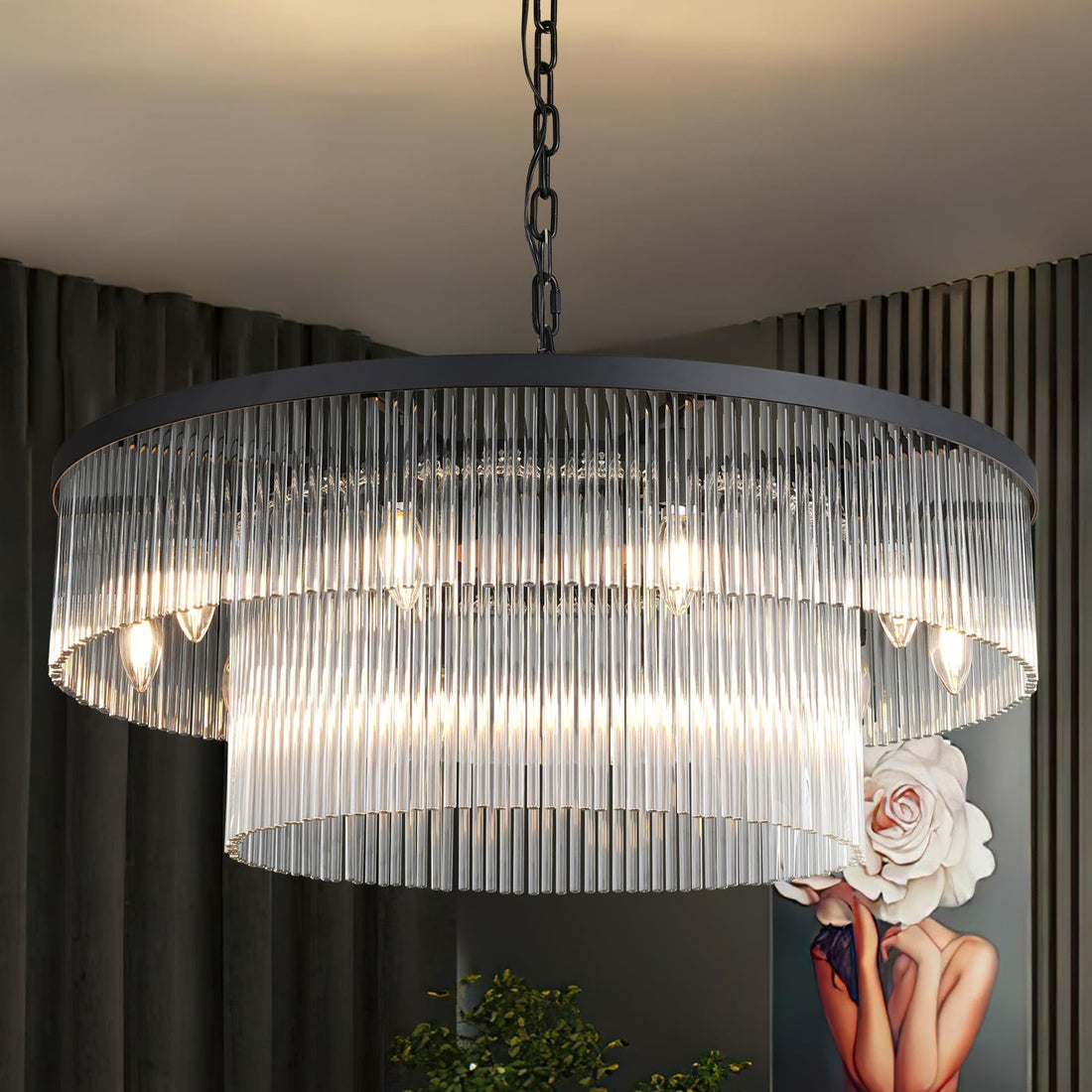 Black Chandelier, 31.5" Modern 2-Tier Glass Striped Chandeliers for Dining Room, Large Round Chandelier for Living Room Foyer Entryway Ceiling Hanging Pendant Light Fixture