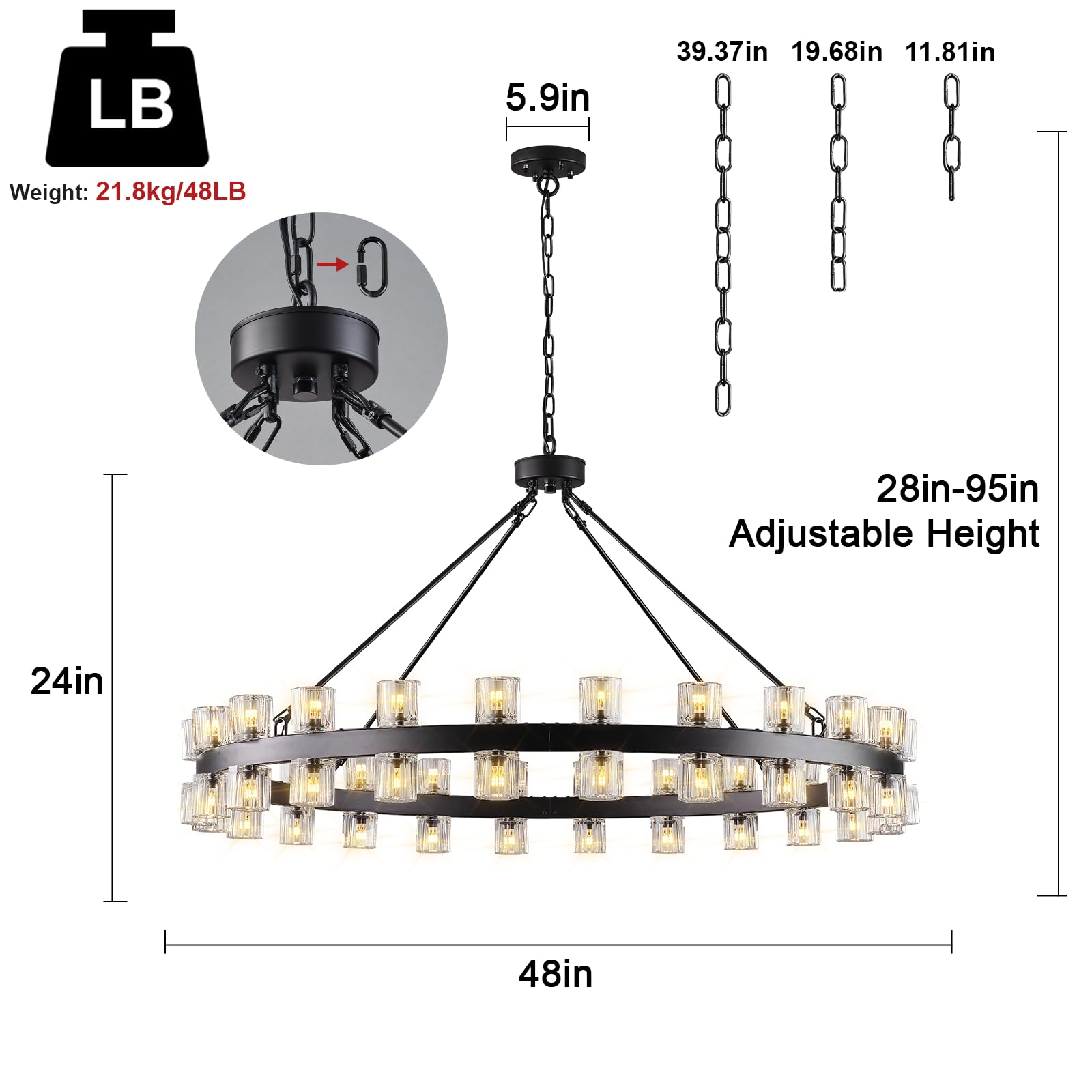 48 Inch Black Wagon Wheel Chandelier with Crystal Shade, 48 Lights, Modern Farmhouse Style, Ideal for Dining Room, Kitchen, Entryways - Camilalamps - B0DPJY8R54