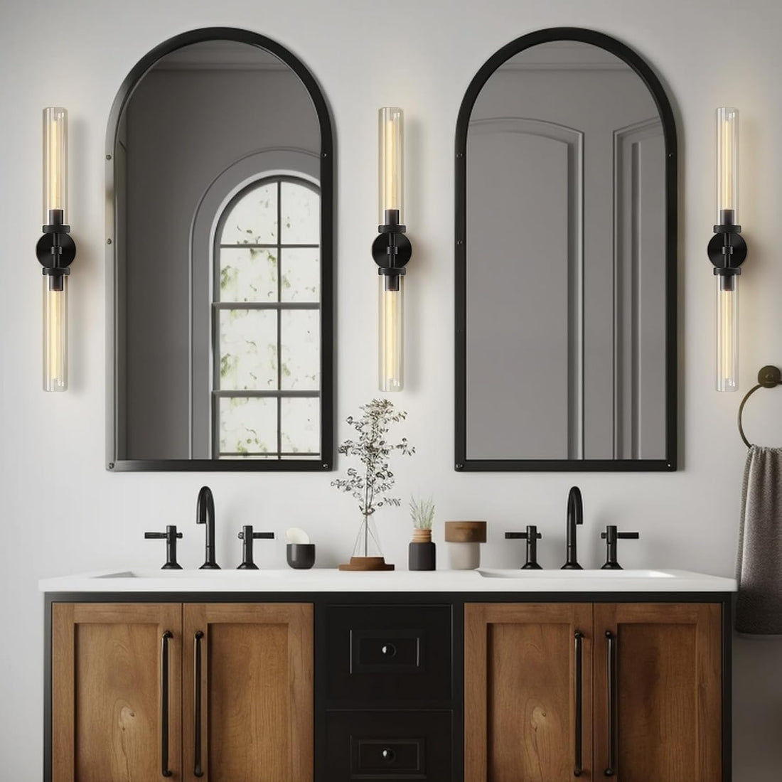 Black Brass Glass Double Wall Sconce Set 30" Knurled - Camilalamps - CA-B0CPP8C6ZD