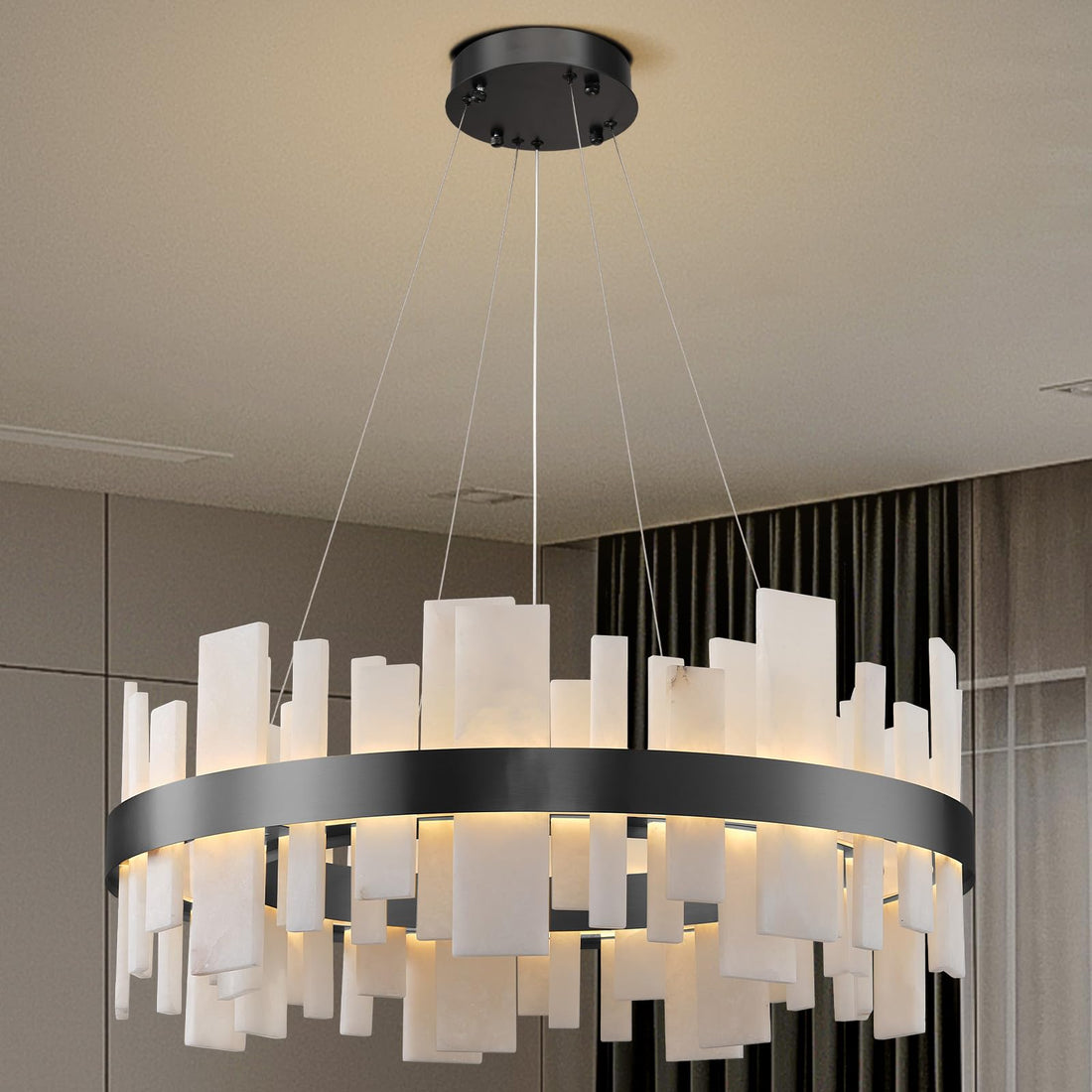 Alabaster Rectangle Chandelier, Natural Spanish Stone Texture Chandeliers, 46.8" Adjustable Alabaster Chandelier Over Table for Living Room, Bedroom, Hallway – Modern Luxury Ceiling Lighting