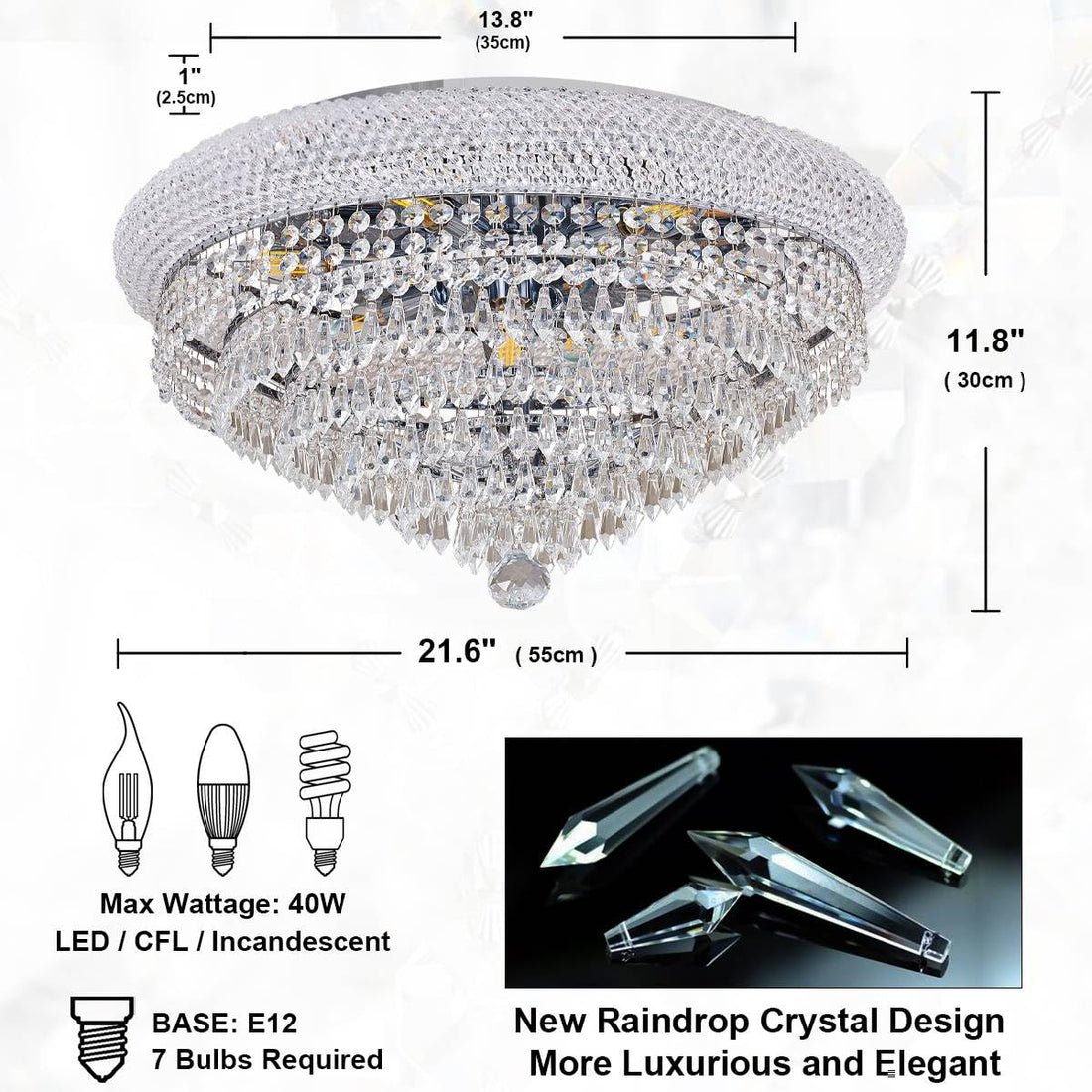 7-Lights Chrome Finish Classic Empire Style K9 Raindrop Crystal Chandelier Ceiling Light Fixture for Living Room Foyer Dining Room Hallway Bedroom (22×12 inch)