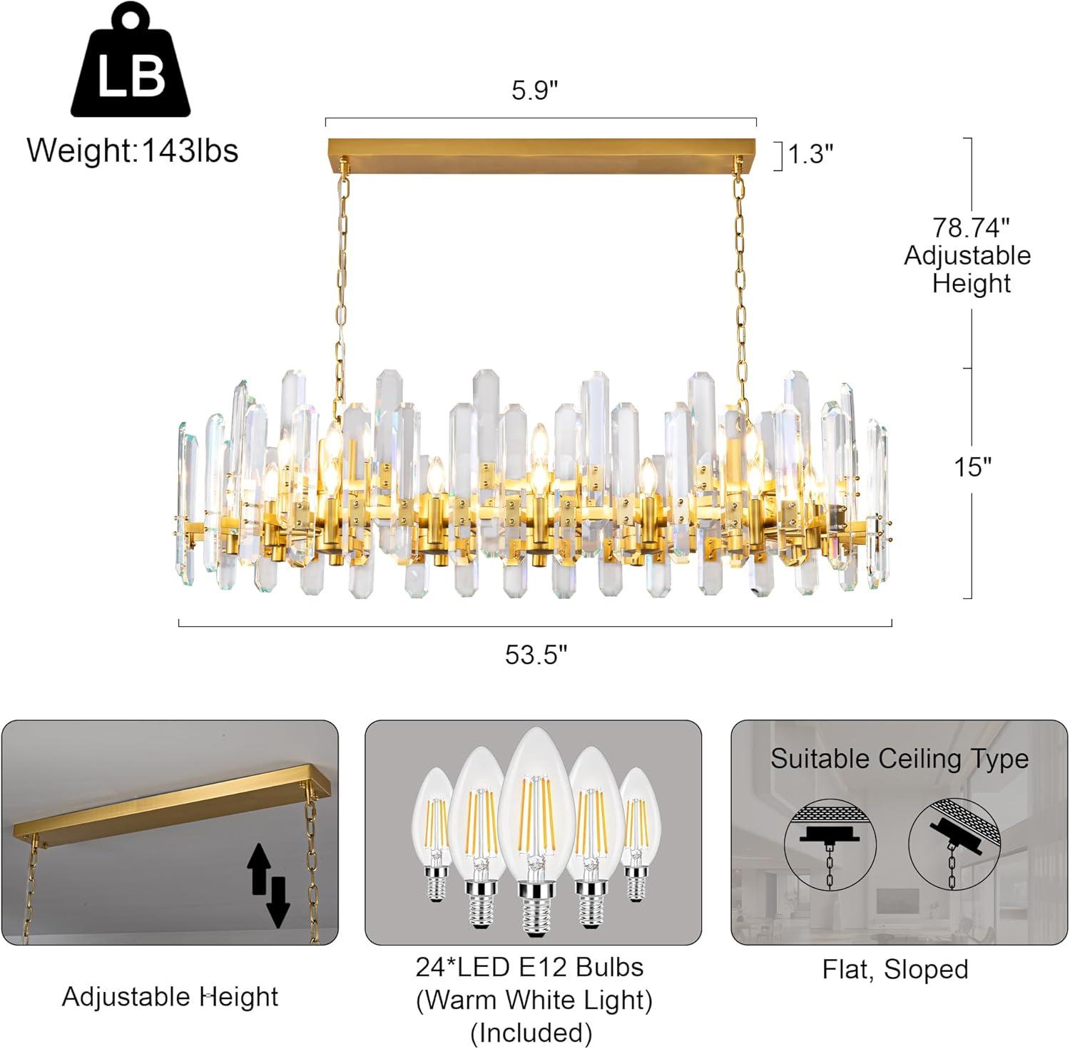Luxury 54" Gold Crystal Chandelier – 24 Light Rectangular Fixture for Dining & Living Rooms - Camilalamps - CA-B0FJFZYLSB