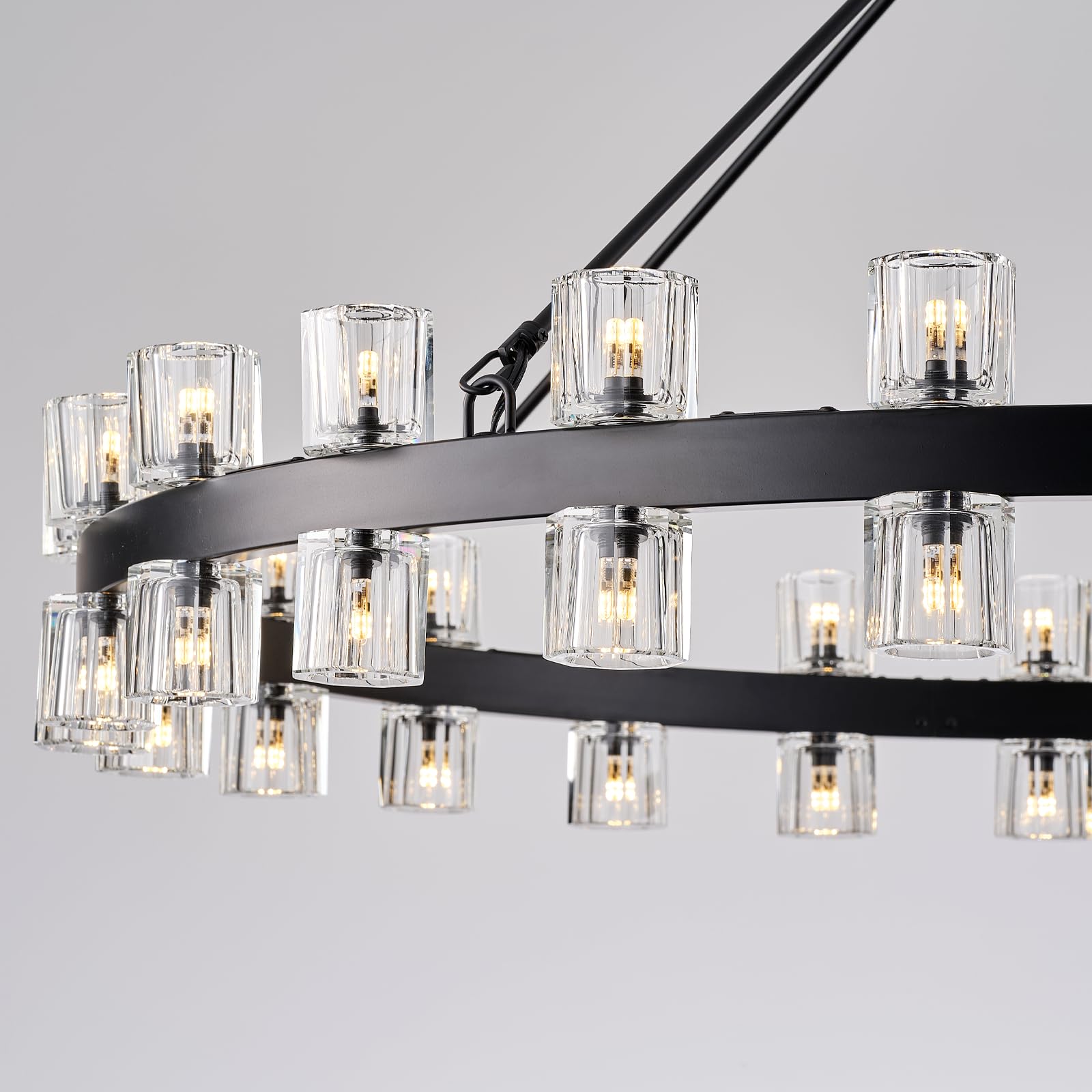 48 Inch Black Wagon Wheel Chandelier with Crystal Shade, 48 Lights, Modern Farmhouse Style, Ideal for Dining Room, Kitchen, Entryways - Camilalamps - B0DPJY8R54