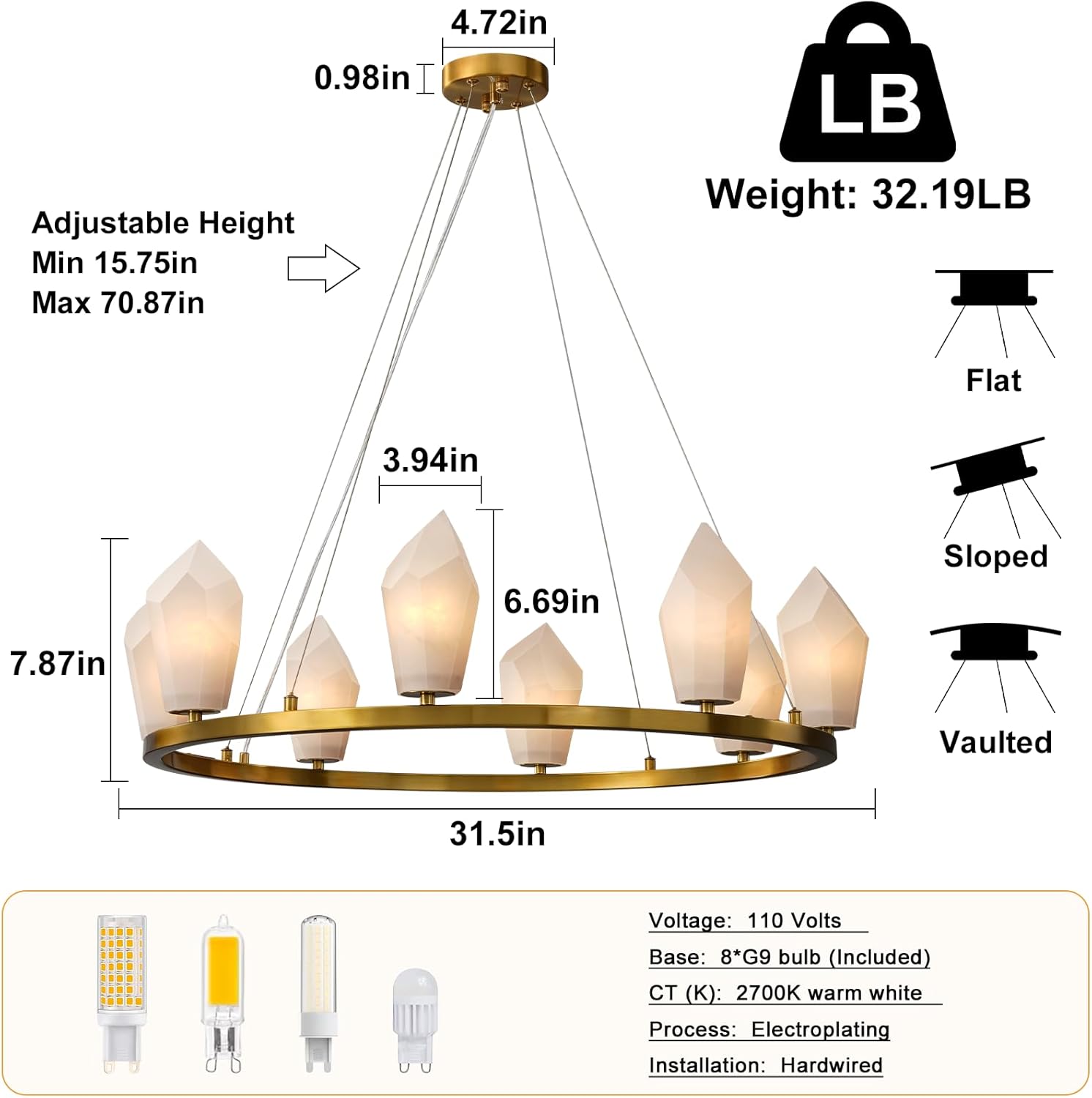 Alabaster 31.5" 8 - Light Round Gold Chandelier with Adjustable Height - Camilalamps - CA-B0FPM48MDF
