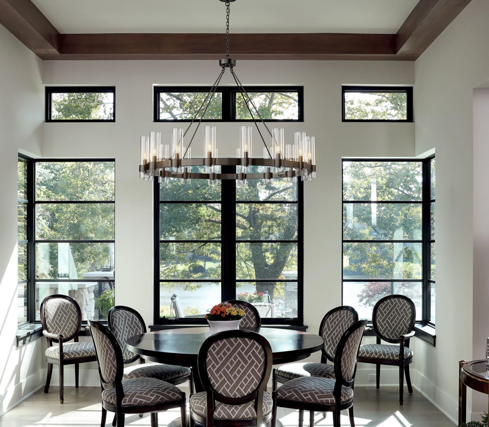 60 Inch Gold Chandelier, Wagon Wheel Chandelier with Glass Shade, 20 - Lights Large Round Modern Farmhouse High Ceiling Pendant Lighting Fixture for Dining Room, Living Room, Kitchen, Foyer - Camilalamps - B0CNRHR35D