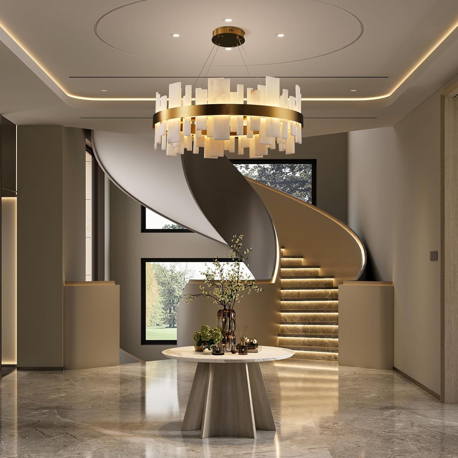 Adjustable Luxury Alabaster Round Chandelier – 31.5in Natural Stone - Camilalamps - CA-B0F1XZS6XQ