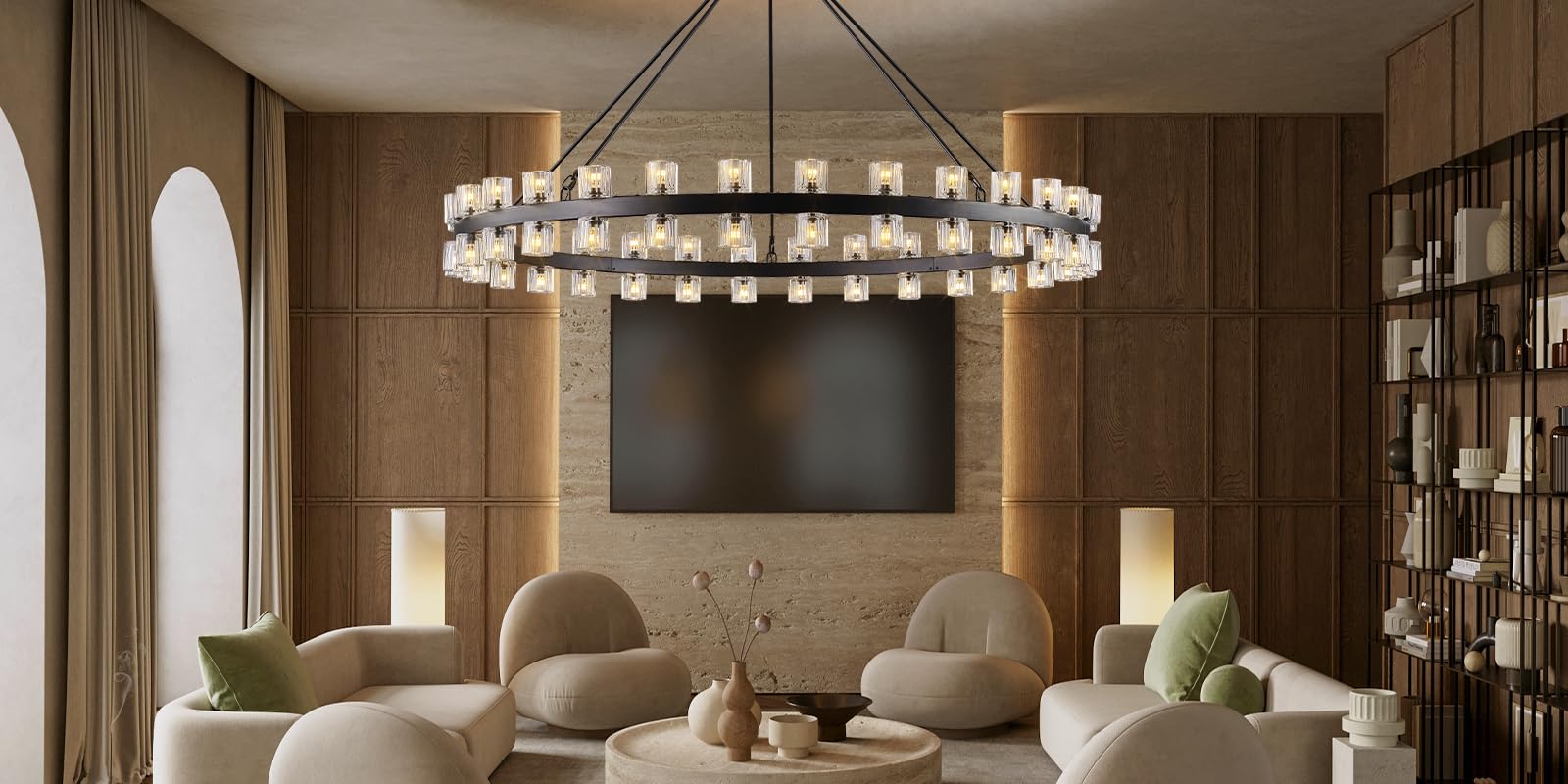 48 Inch Black Wagon Wheel Chandelier with Crystal Shade, 48 Lights, Modern Farmhouse Style, Ideal for Dining Room, Kitchen, Entryways - Camilalamps - B0DPJY8R54