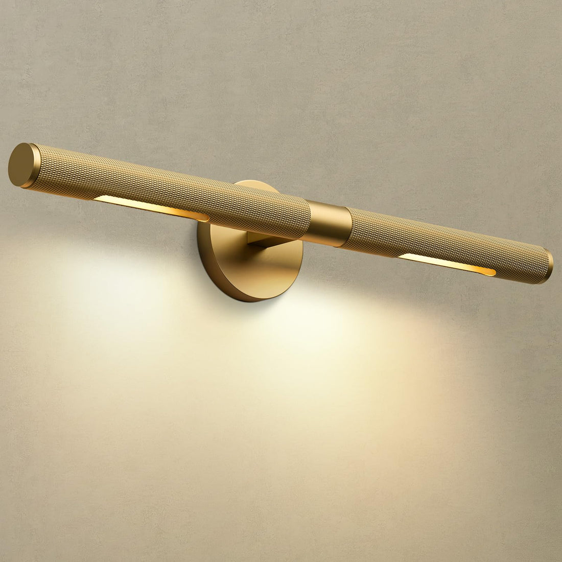 Gold Wall Sconces Set of Two, 19" Dimmable Knurled Bathroom Wall Sconce Light, Rotatable 360° Pure Copper Vanity Lights Over Mirror, Indoor Wall Light, Hardwired Picture Lighting(Includes Bulbs)