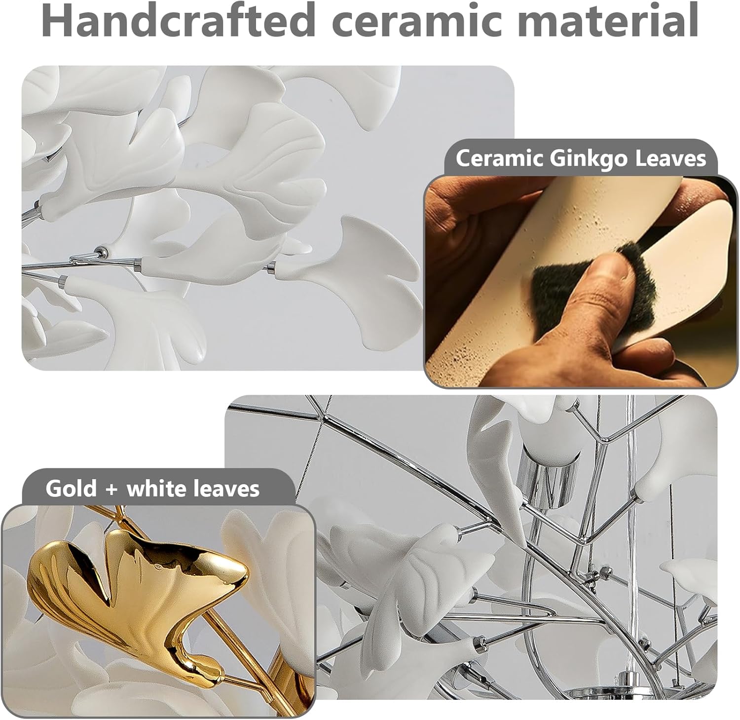 Silver Ceramic Ginkgo Leaf Branch Chandelier – 47.2" Brass Rectangle - Camilalamps - CA-B0DL9T23Q8