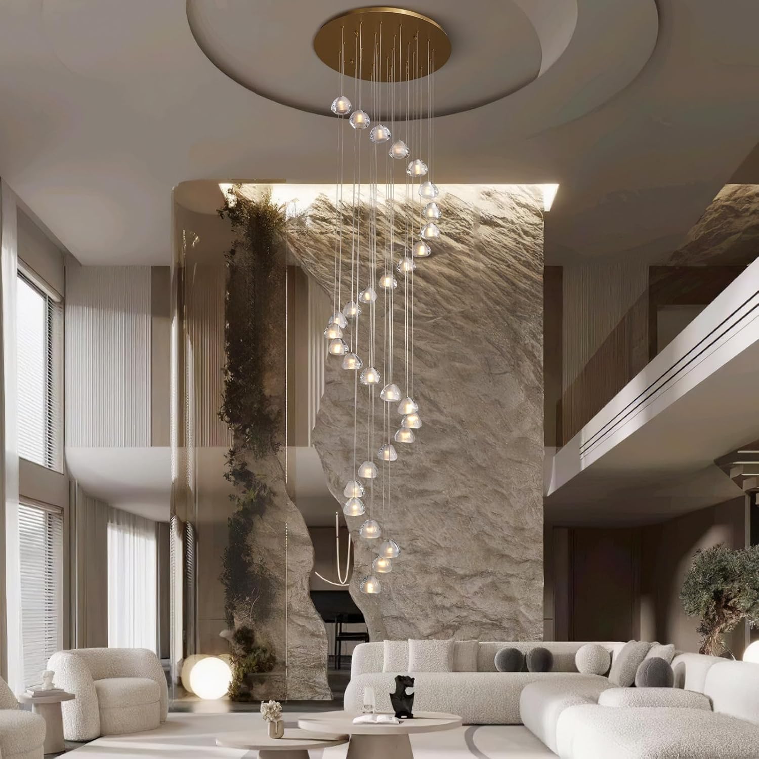 30 - Light Gold Crystal Staircase Chandelier with Adjustable Bubble Shades - Camilalamps - CA-B0FMNYC1ZL